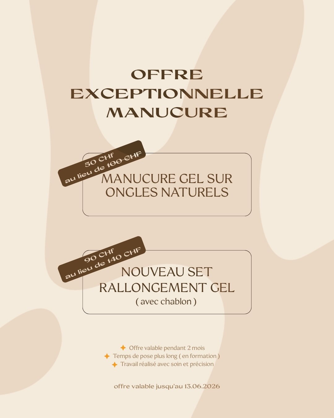 ✨ OFFRE SP&Eacute;CIALE MANUCURE GEL ✨
Je suis actuellement en formation et j&rsquo;ai besoin de mod&egrave;les pour m&rsquo;entra&icirc;ner et perfectionner ma technique afin de vous offrir des ongles pr&eacute;cis et de qualit&eacute; 💅
Pour vous 