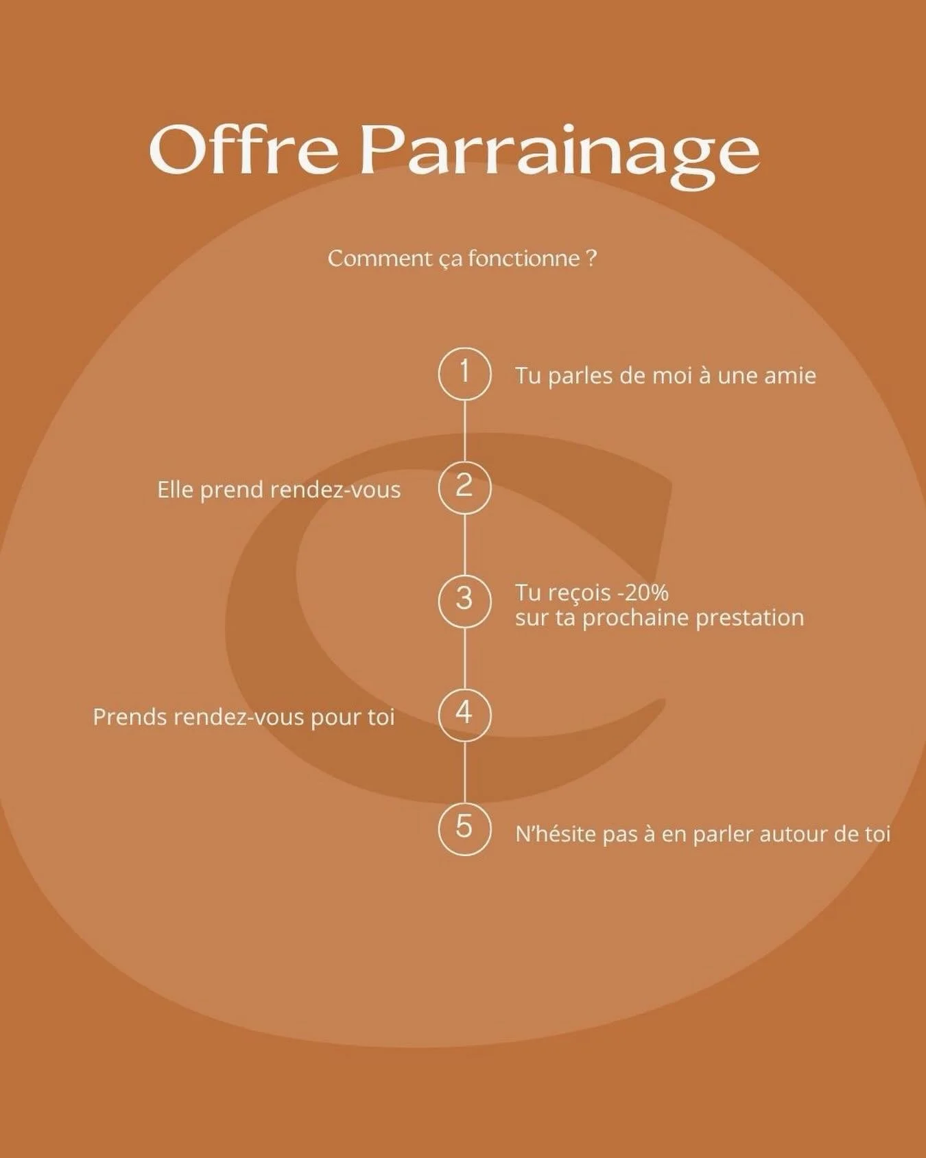 ✨Offre parrainage ✨  Parraine une amie et profite de -20% sur ton prochain rendez-vous!  Comment &ccedil;a fonctionne:  1)tu recommandes mon institut &agrave; une amie.  2) Elle prend rendez-vous.  3) Tu re&ccedil;ois le -20% sur ton prochain rendez-