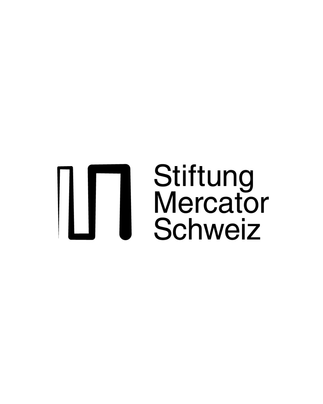 Logo der Stiftung Mercator Schweiz in Schwarzweiß mit stilisiertem Buchstaben 'M' und Text.