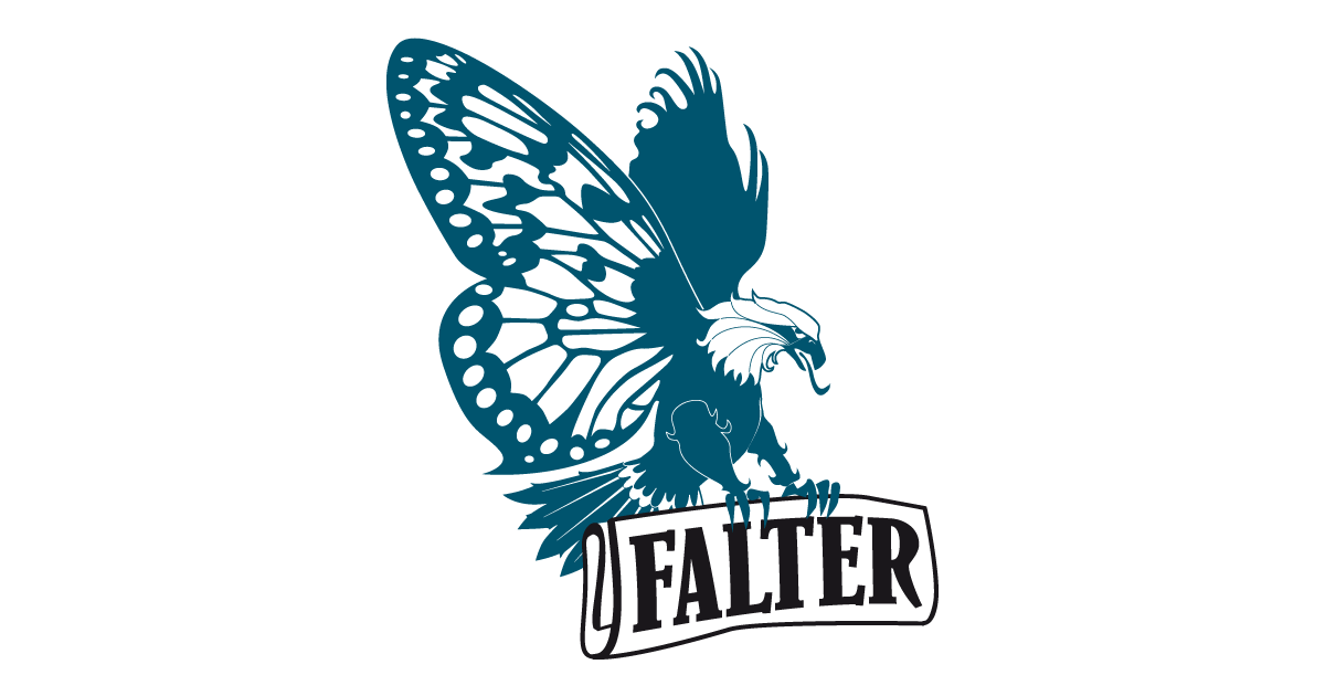 Ein stilisiertes Emblem mit einem Adler mit Schmetterlingsflügeln, das auf einem Banner mit dem Schriftzug 'FALTER' sitzt.