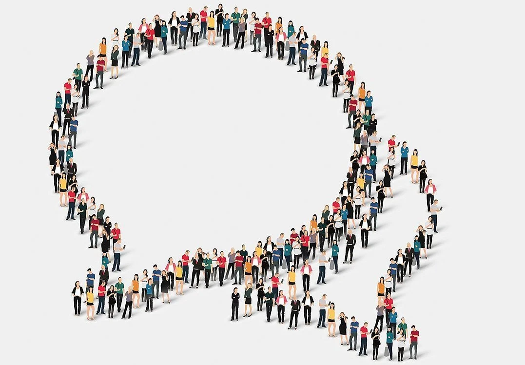 Viele Menschen stehen in Form eines Wasserhahns auf weißem Hintergrund.