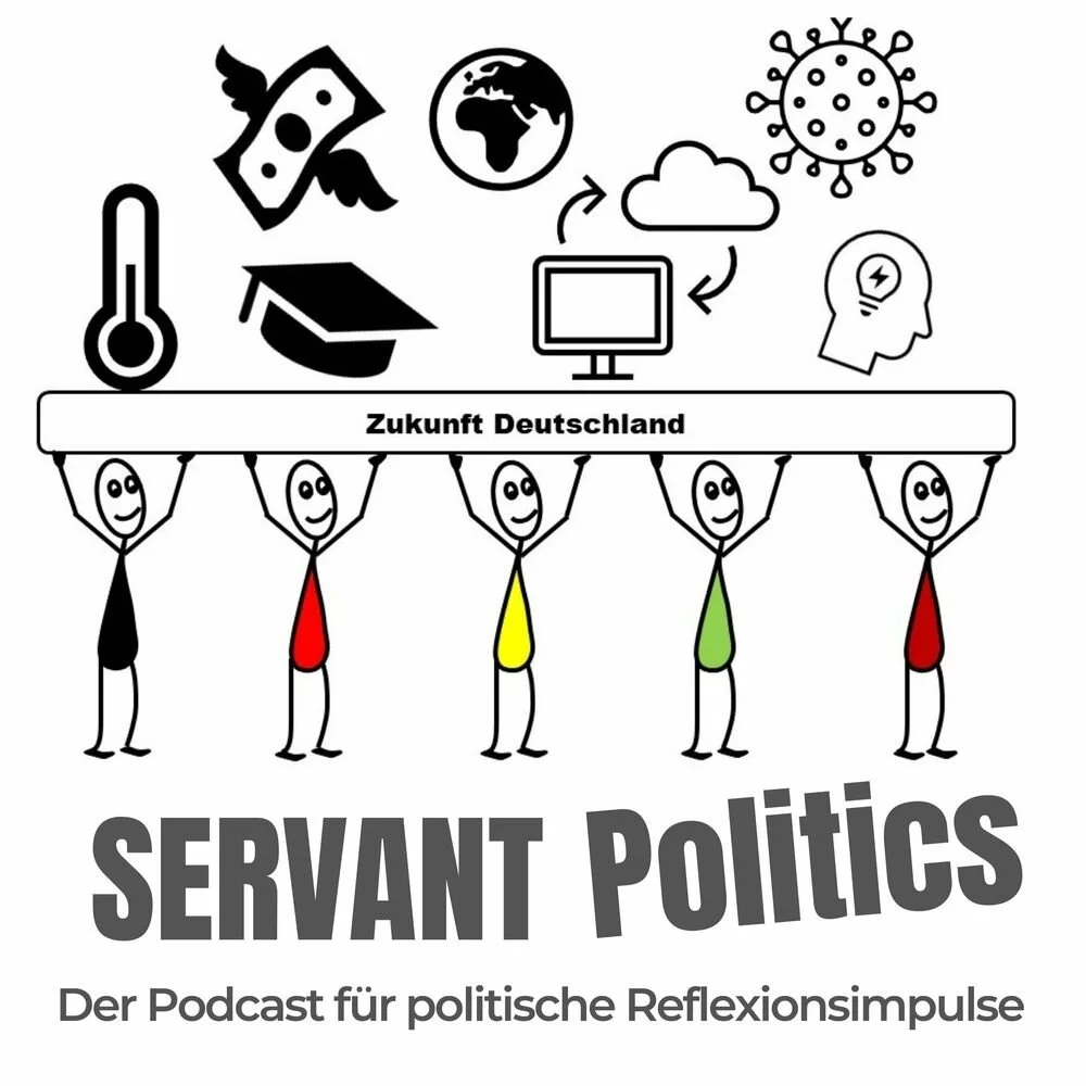 Illustration von fünf Menschen, die eine Leiste mit dem Text »Zukunft Deutschland« hochhalten, darüber Symbole wie Geld, Erde, Computer, Mikrofon, Virus, Lichtidee, Temperatur, Bildung und Wolke. Unten steht »SERVANT Politics« und »Der Podcast für politische Reflexionsimpulse".
