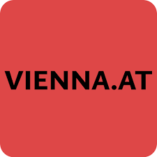 Rotes Quadrat mit schwarzem Text 'VIENNA.AT'