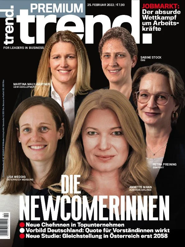 U5: Titel der Magazin-Cover, fünf Frauen in professionellen Outfits, Themenspezifisch, inklusive Text und Überschriften in Deutsch