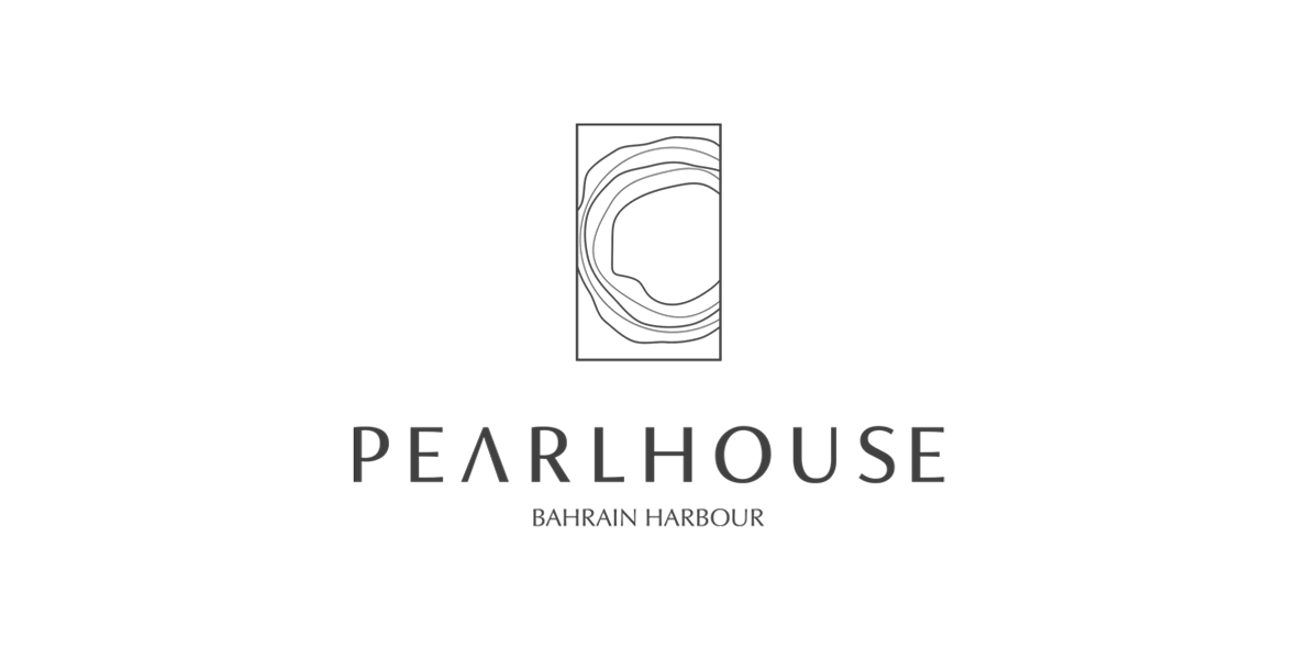 Logo for Pearl House Bahrain Harbour, featuring a stylized pearl inside a shell above the text.