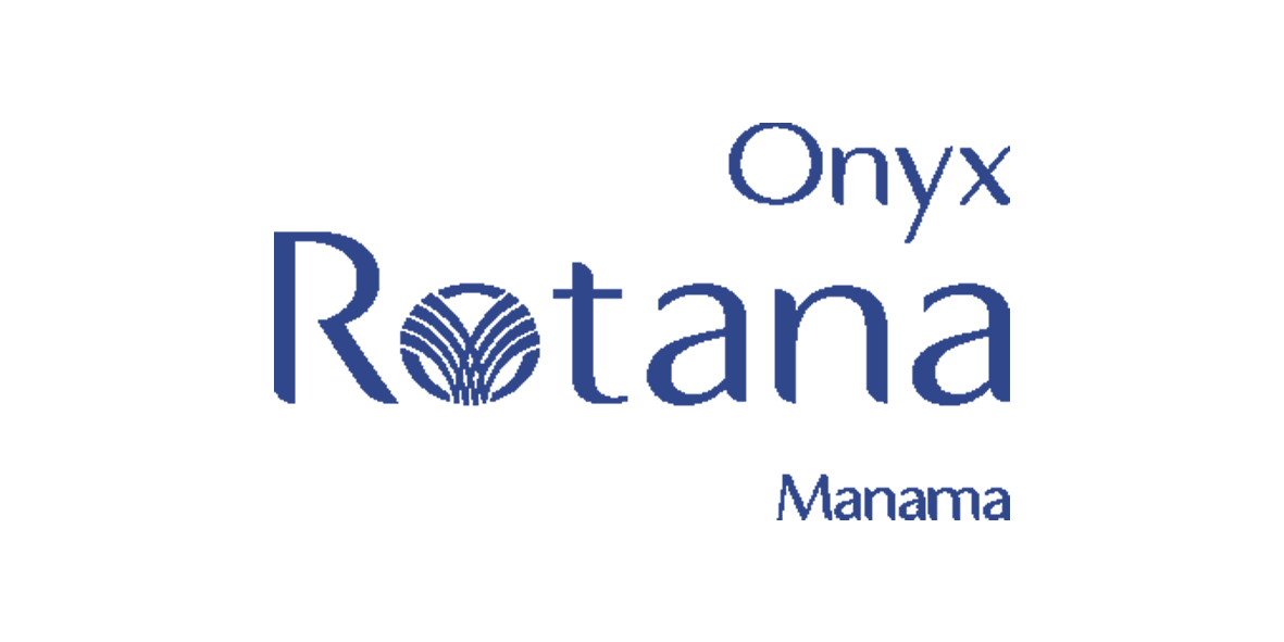 A logo featuring the words "Rotana Onyx" in large blue letters with a stylized circular symbol inside the letter "o" and the word "Manama" below.