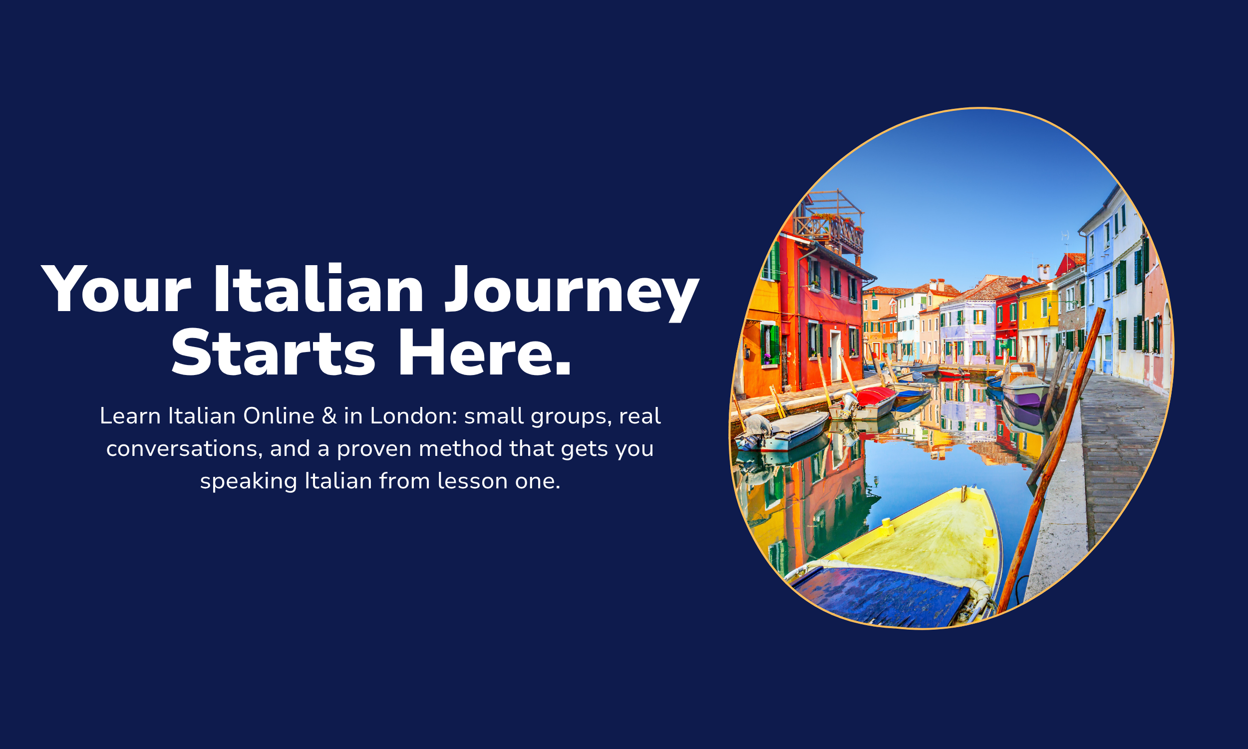 Promotional graphic for learning Italian, featuring a colorful Italian village with boats on a canal and description encouraging online and in-person lessons.