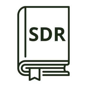 Line drawing of a closed book with the letters "SDR" on the cover, a bookmark hanging from the bottom.