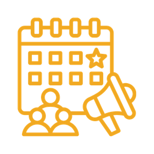 Icon of a calendar with a star, a speech bubble, and a megaphone, representing an event or announcement.