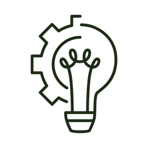 A green line drawing of a light bulb combined with a gear, symbolizing innovation or ideas and engineering.