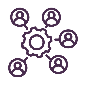 Diagram showing a gear with five connected human icons representing a team or network.