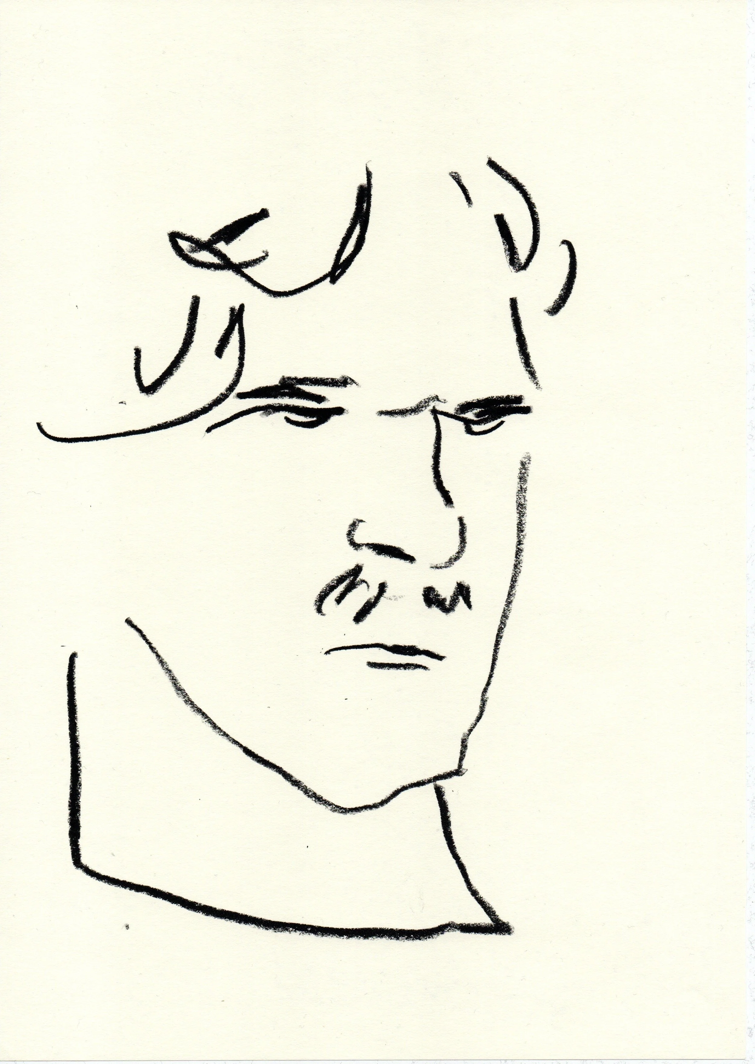 Line drawing of a person's face with glasses, short hair, and a serious expression. Artwork by © 2026 Aura Delamotte Barrera, All rights reserved.