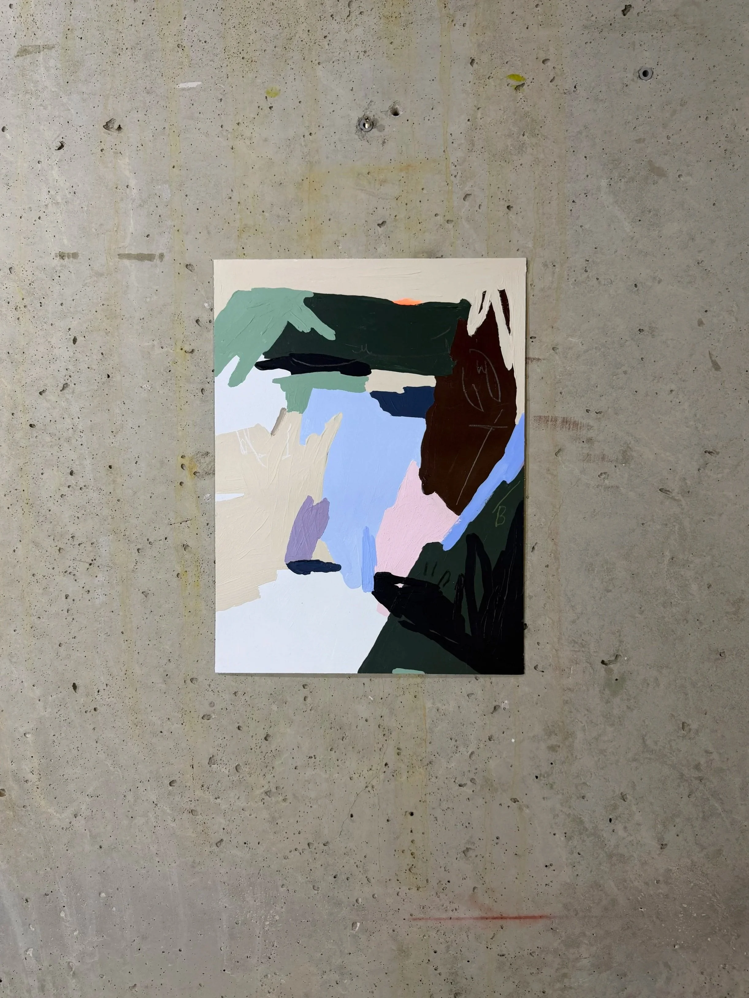 A colorful abstract painting with various shades of green, beige, pink, blue, black, brown, and purple, displayed on a concrete wall by Aura Delamotte