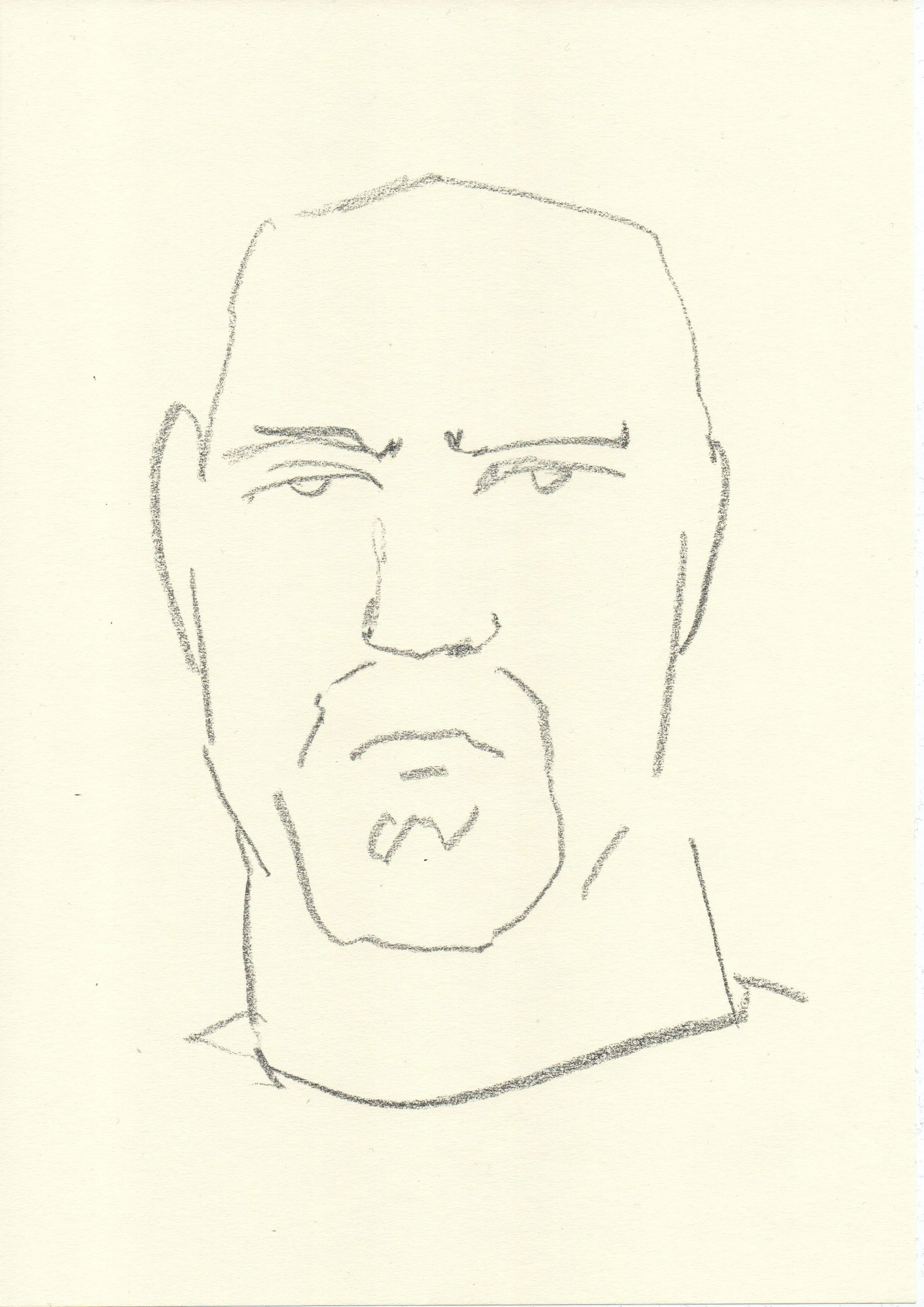 Sketched portrait of a man with glasses, a beard, and long sideburns, with serious expression. Artwork by © 2026 Aura Delamotte Barrera, All rights reserved.