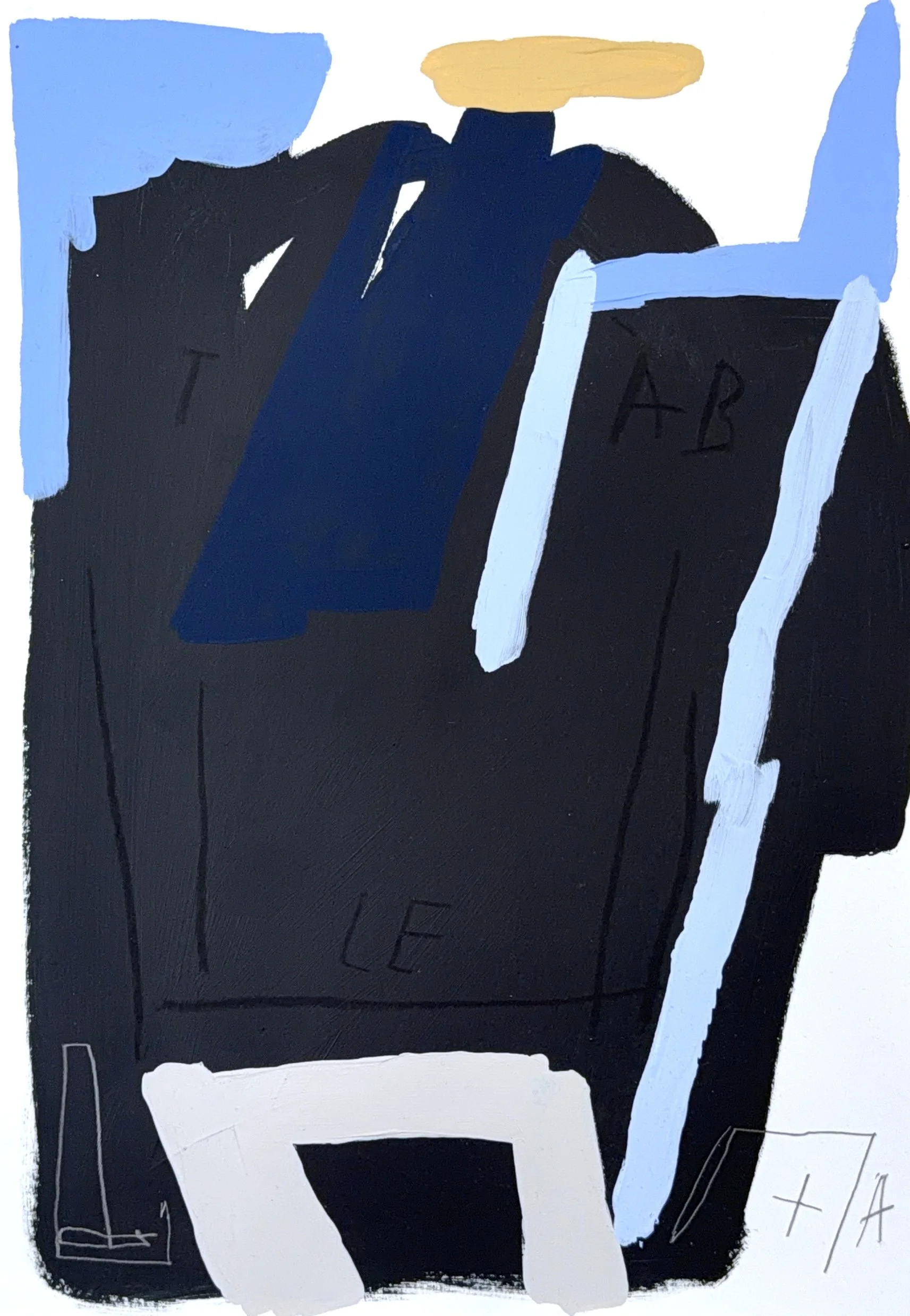 Abstract painting with black background, white and blue shapes, and letters A, B, and some geometric sketches by Aura Delamotte.