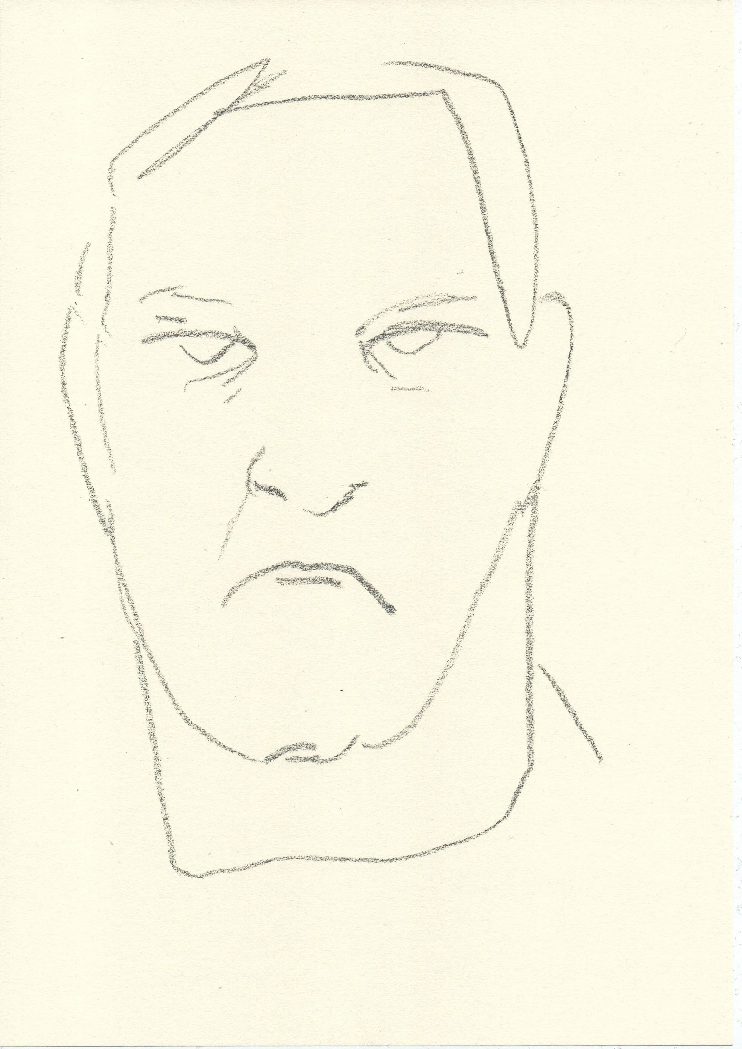A simple pencil sketch of a person's face with a serious or stern expression, minimal detail, and no background. Artwork by © 2026 Aura Delamotte Barrera, All rights reserved.