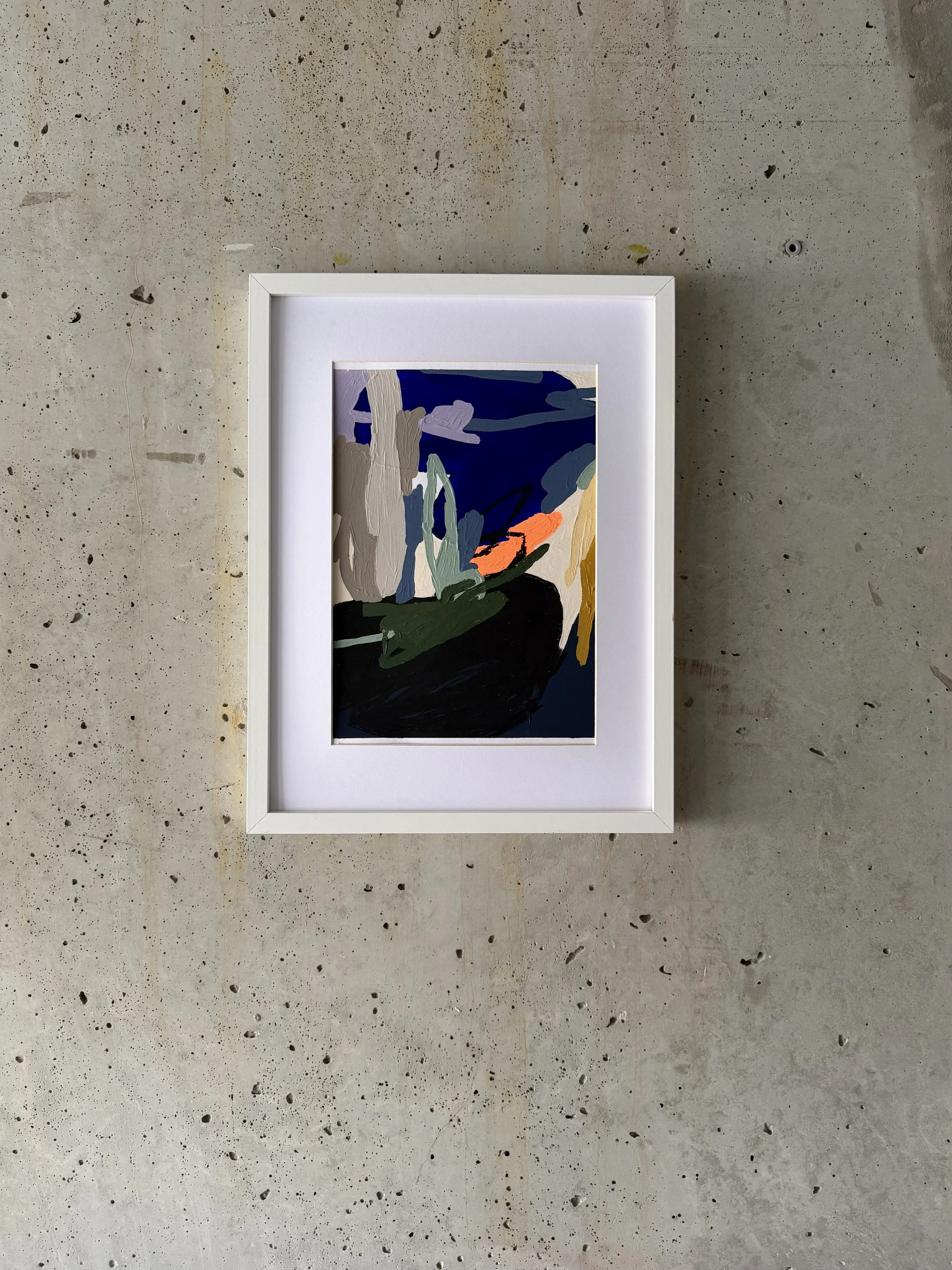 Abstract painting with bold brushstrokes in dark blue, green, orange, beige, and yellow, framed in white and hung on a concrete wall. Artwork by © 2026 Aura Delamotte Barrera, All rights reserved.