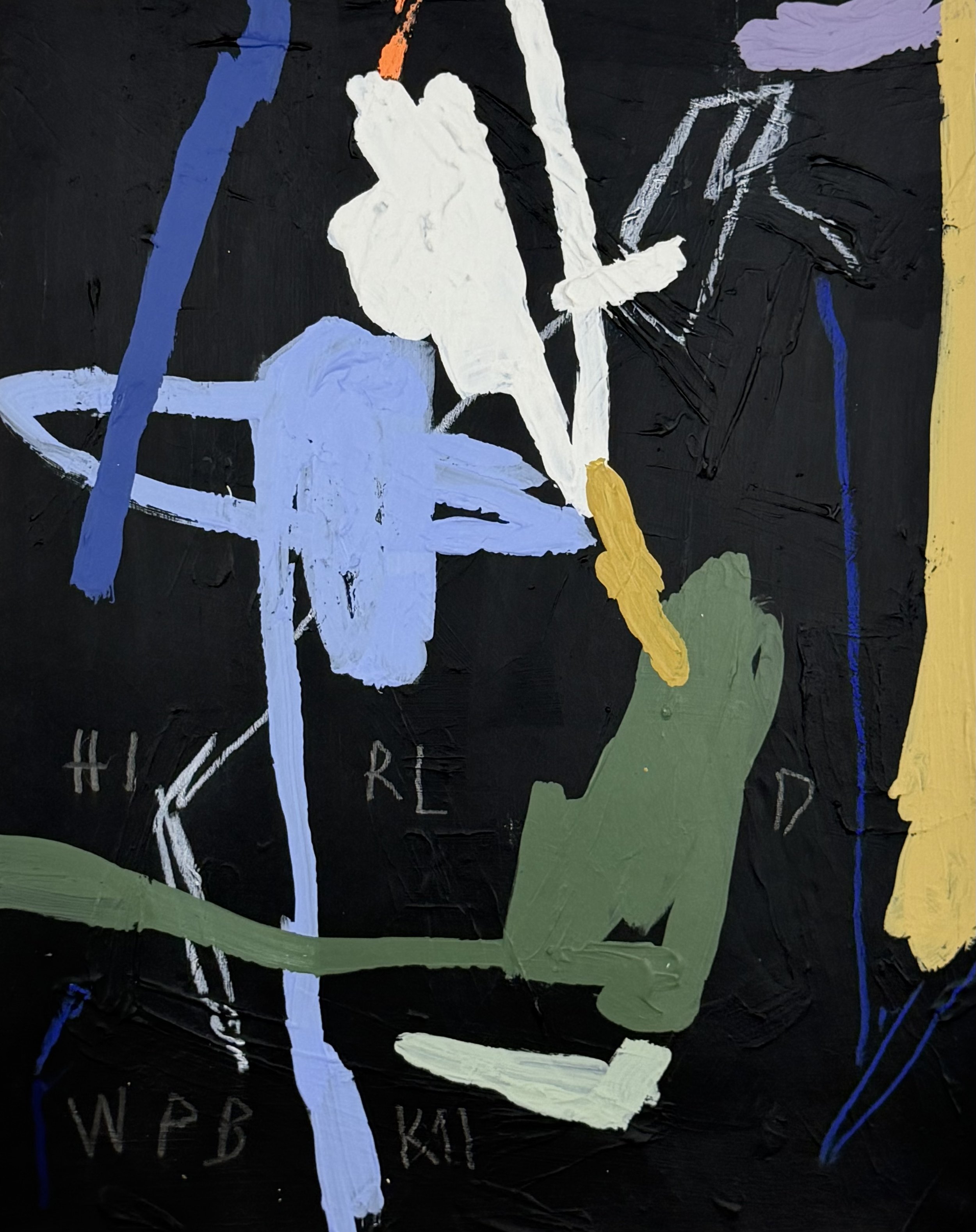 Abstract painting with large white, blue, yellow, purple, light blue, green and black brushstrokes on a black background, featuring handwritten text and lines by Aura Delamotte