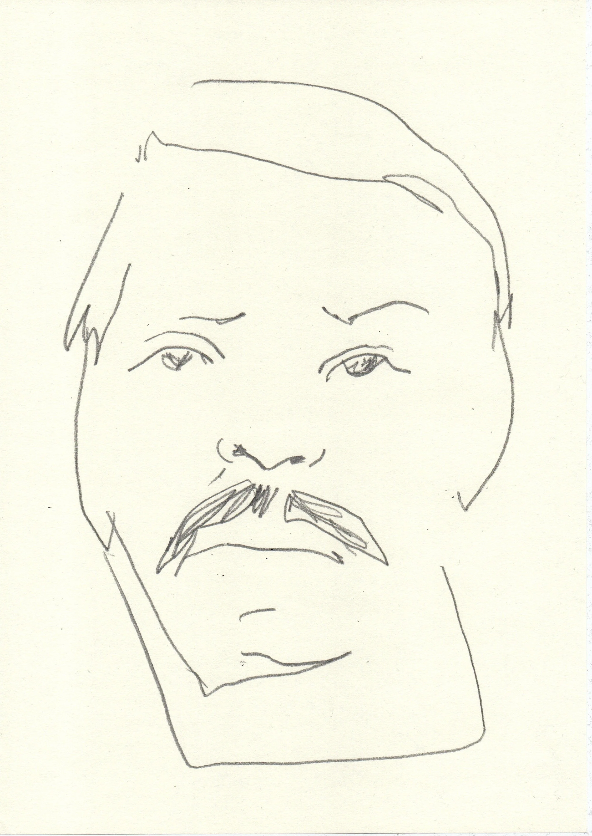 Line drawing of a person's face with a beard, mustache, and slightly disheveled hair. Artwork by © 2026 Aura Delamotte Barrera, All rights reserved.