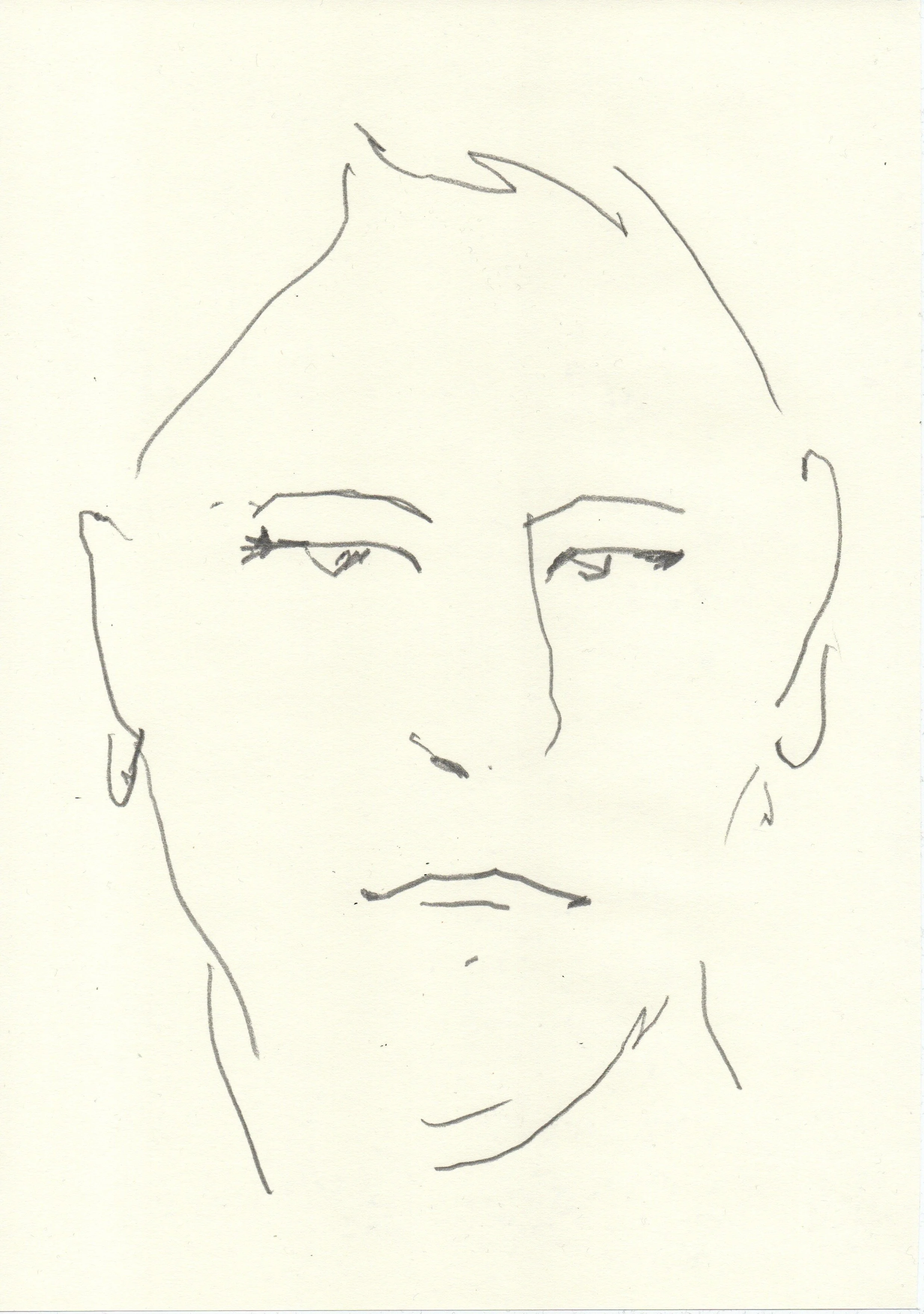A minimalist line drawing of a person's face with a neutral or pensive expression, featuring short hair and open eyes. Artwork by © 2026 Aura Delamotte Barrera, All rights reserved.