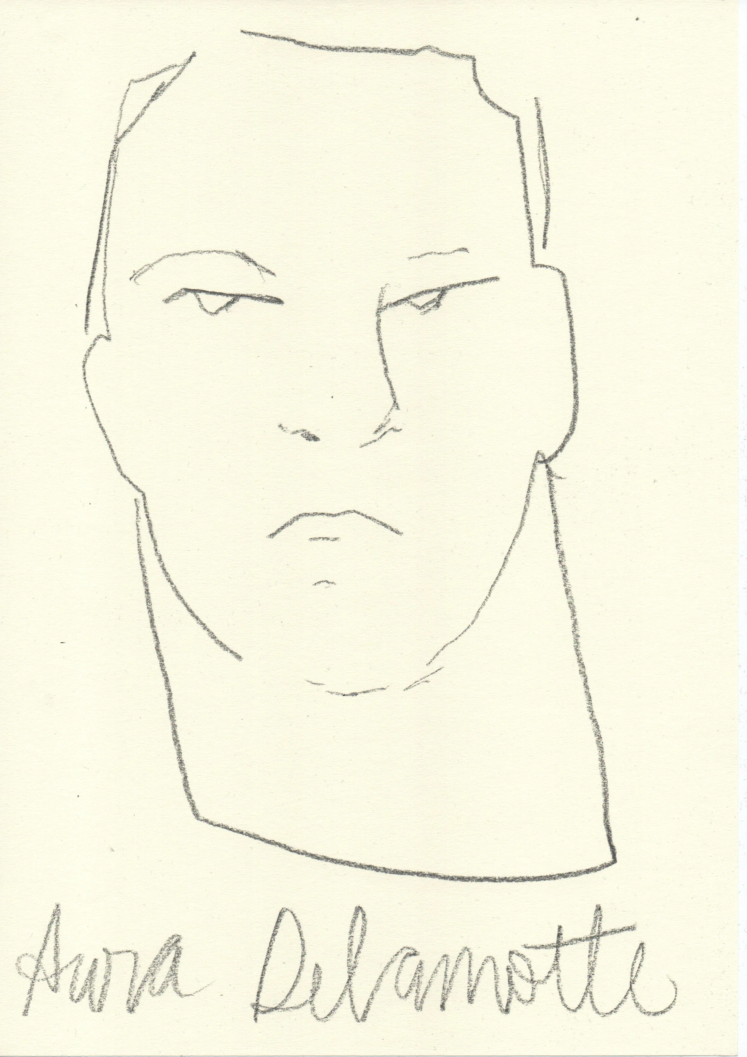 A simple sketch of a person's face with Asian features and short hair, with a neutral or slightly stern expression. The name 'Aura Delamotte' is handwritten below the drawing. Artwork by © 2026 Aura Delamotte Barrera, All rights reserved.