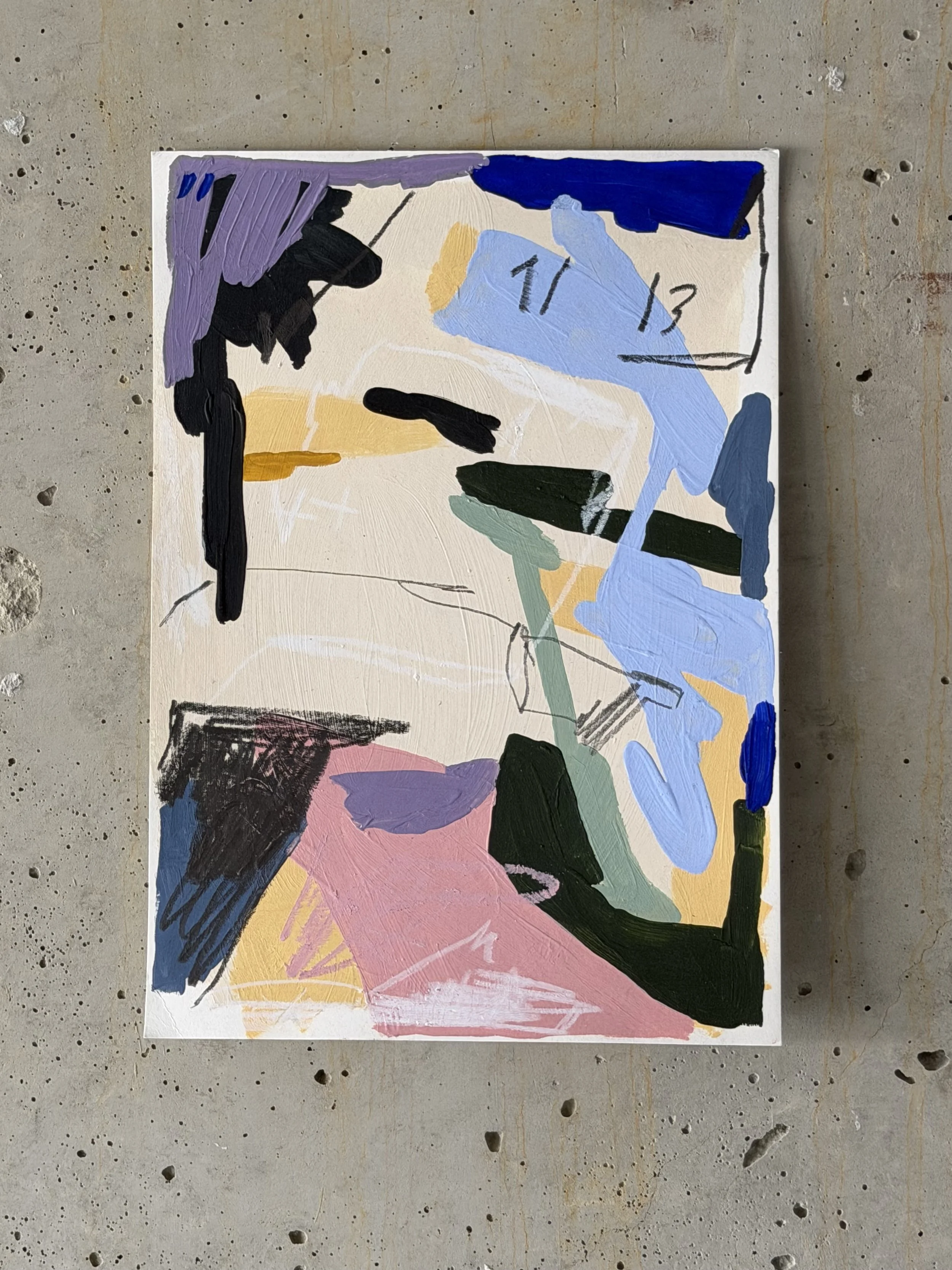 Abstract painting with various brushstrokes in purple, black, blue, pink, green, and yellow, featuring some illegible black lines and a partially visible calendar date with numbers 11 and 13. Artwork by © 2026 Aura Delamotte Barrera, All rights reser