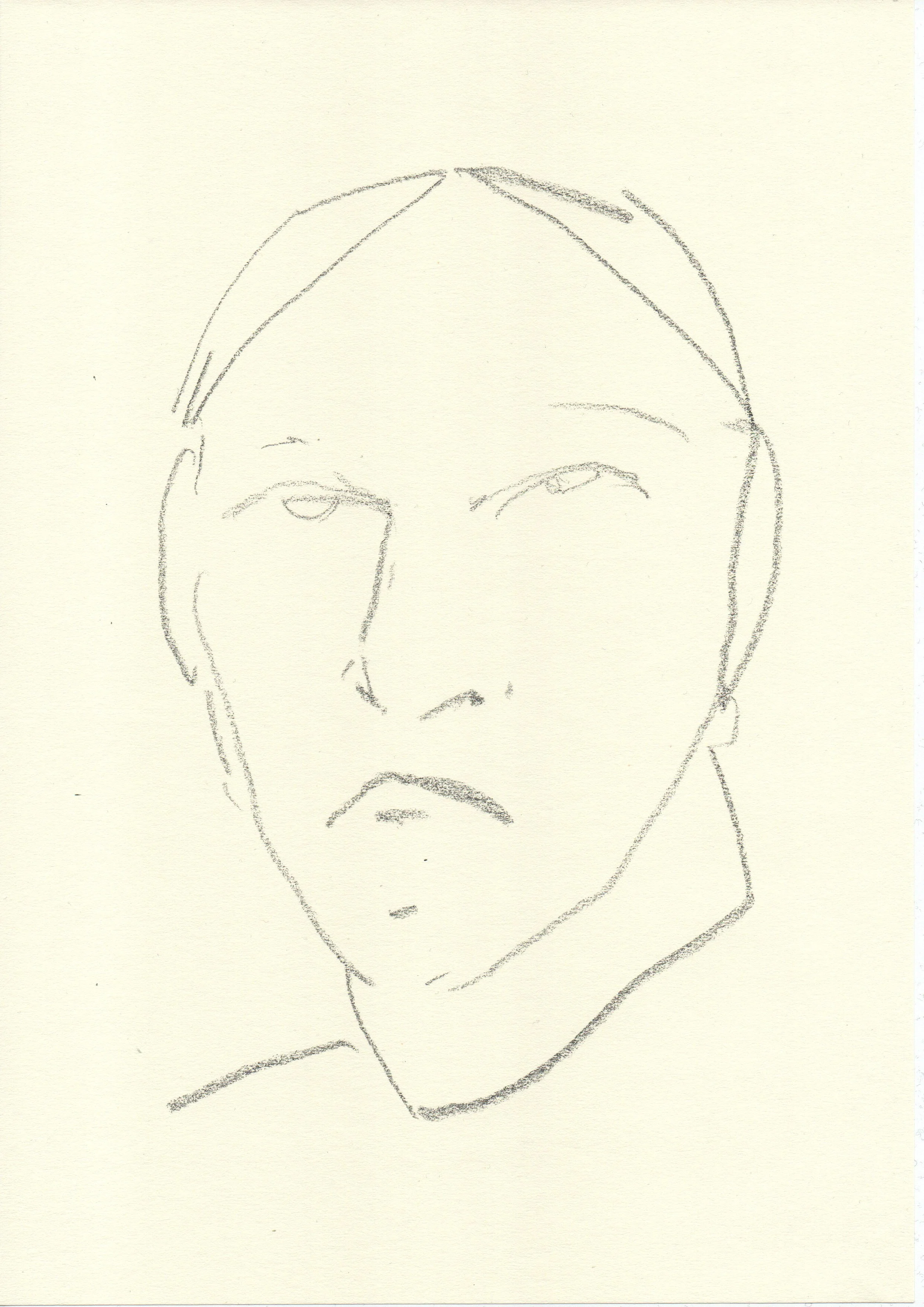 A simple pencil sketch of a person with short hair, one eye open and the other winking, with a slightly pursed mouth. Artwork by © 2026 Aura Delamotte Barrera, All rights reserved.