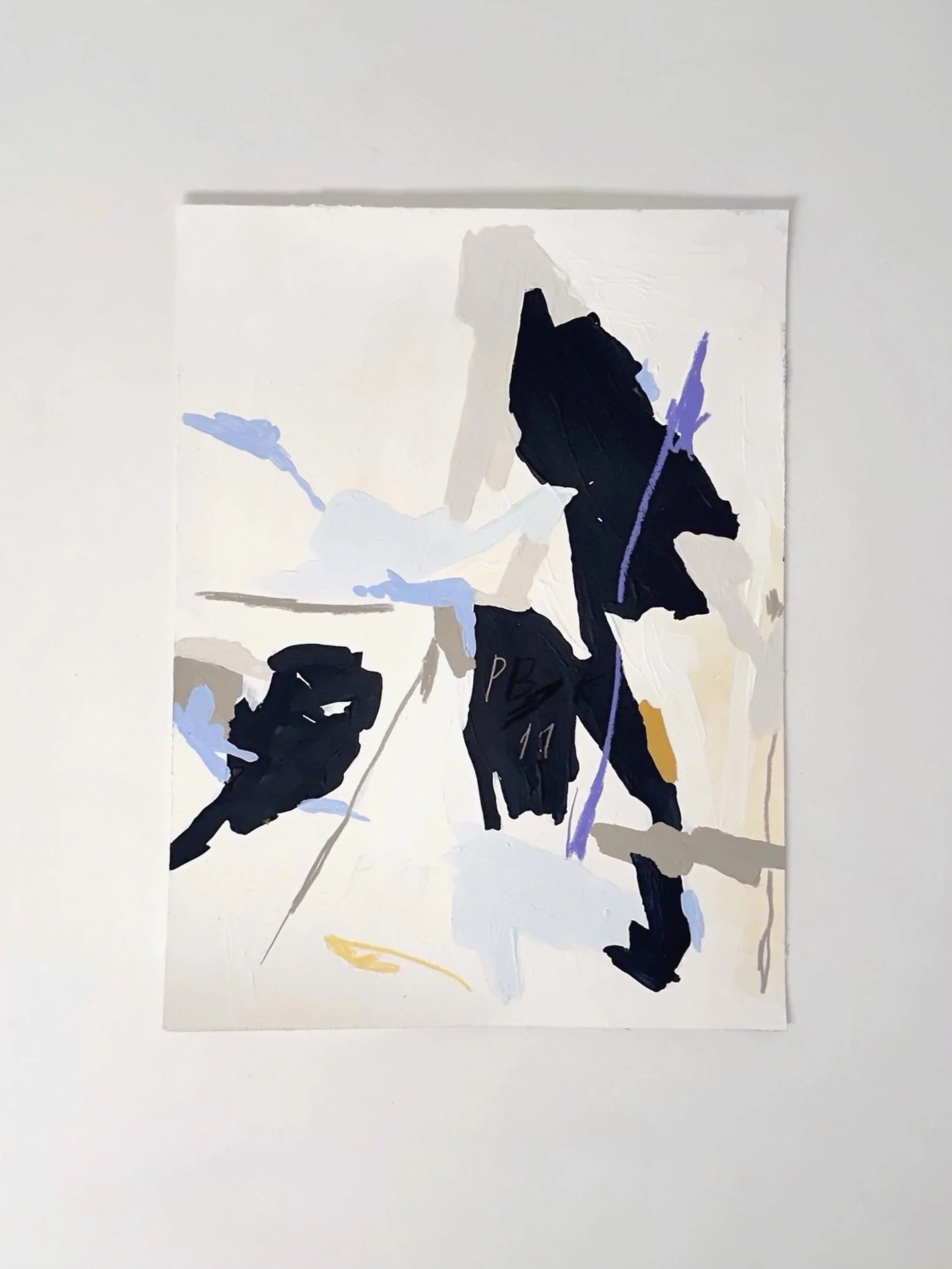 An abstract painting with bold, expressive brushstrokes in black, white, blue, green, and orange on a beige background by Aura Delamotte