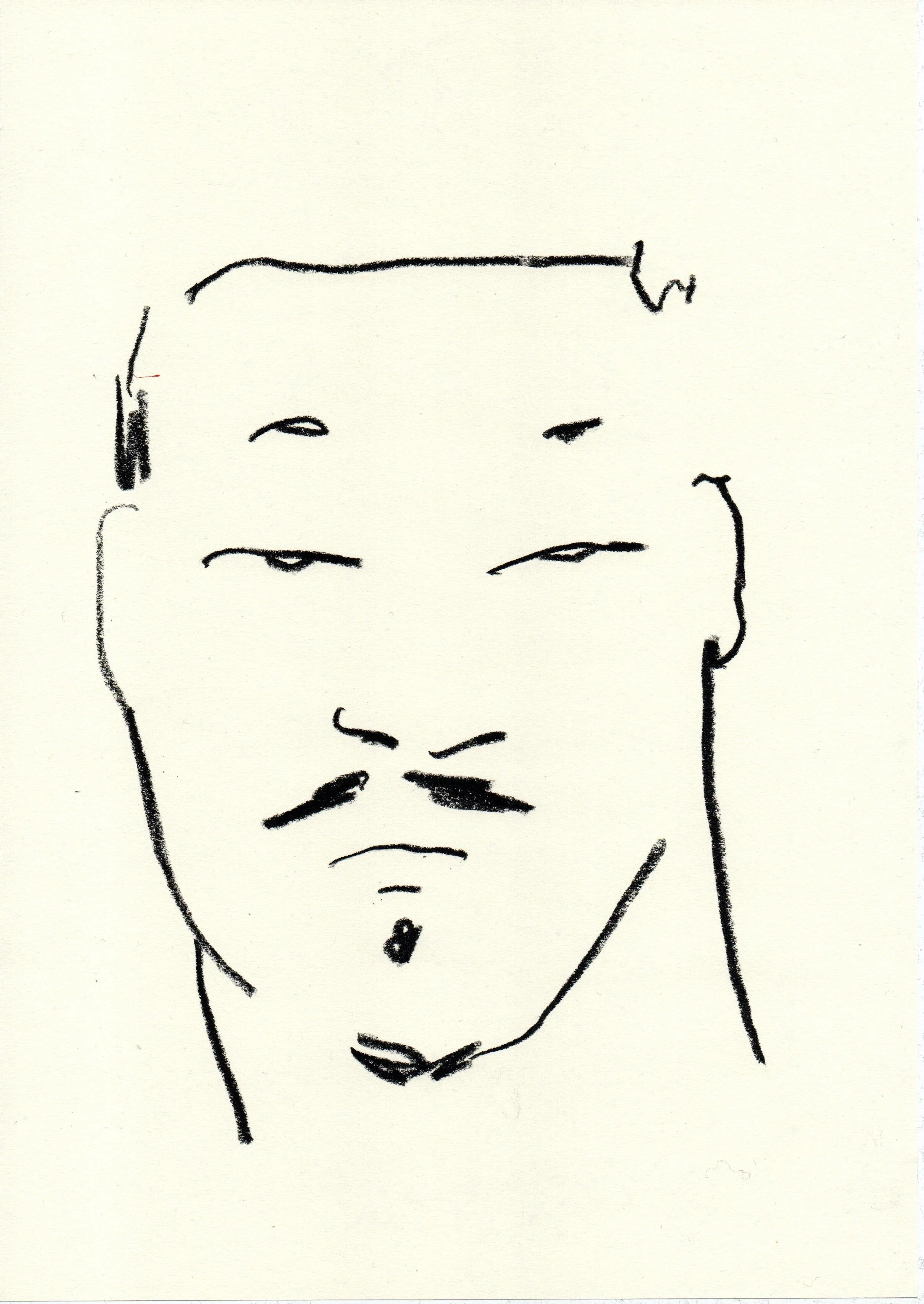Minimalist black ink sketch of a man's face with glasses, mustache, and small goatee on white background. Artwork by © 2026 Aura Delamotte Barrera, All rights reserved.