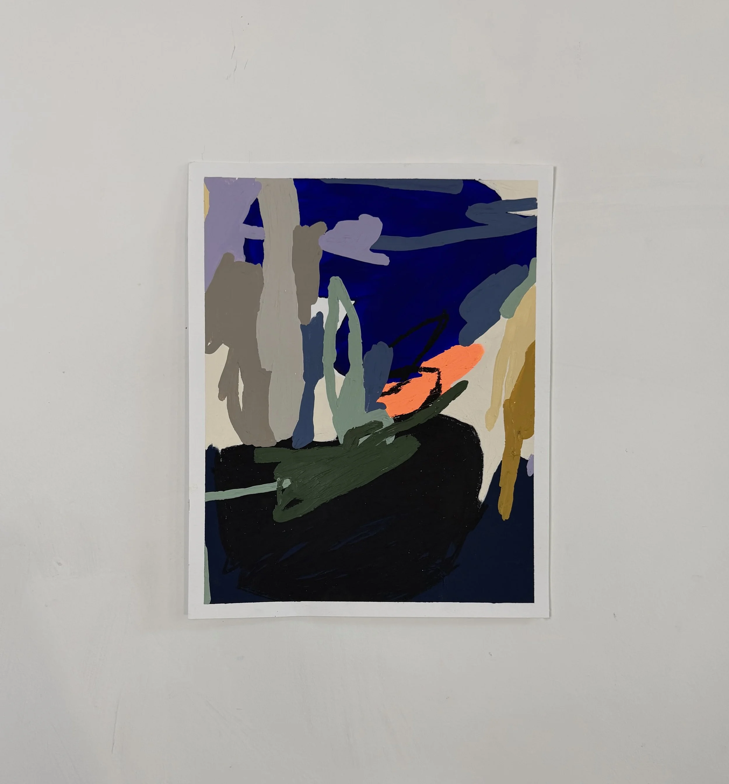 An abstract painting with vibrant colors including blue, gray, green, purple, orange, and beige, mounted on a white wall by Aura Delamotte.
