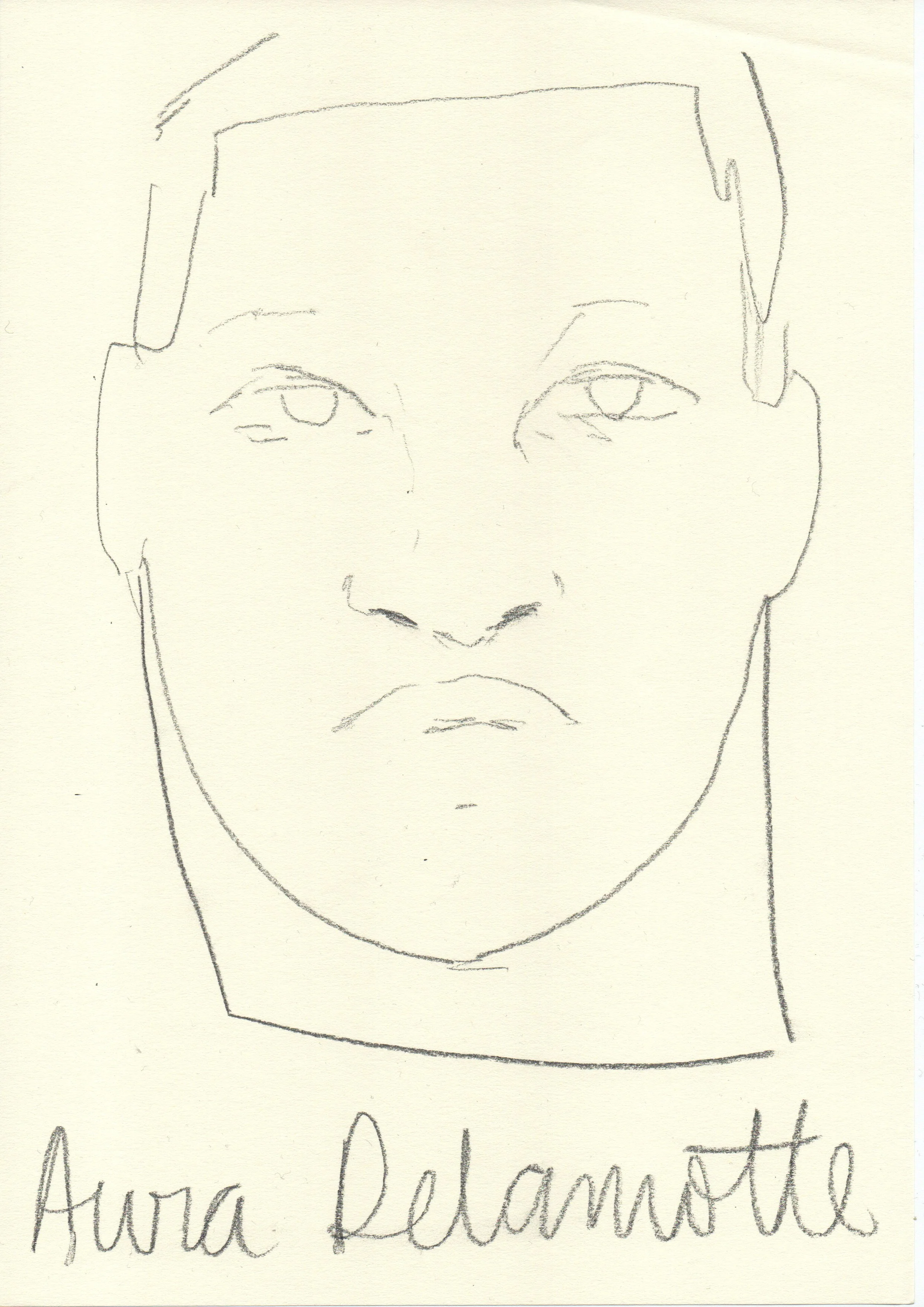 A simple pencil sketch of a person's face with the name 'Avra Delamotte' written at the bottom. Artwork by © 2026 Aura Delamotte Barrera, All rights reserved.