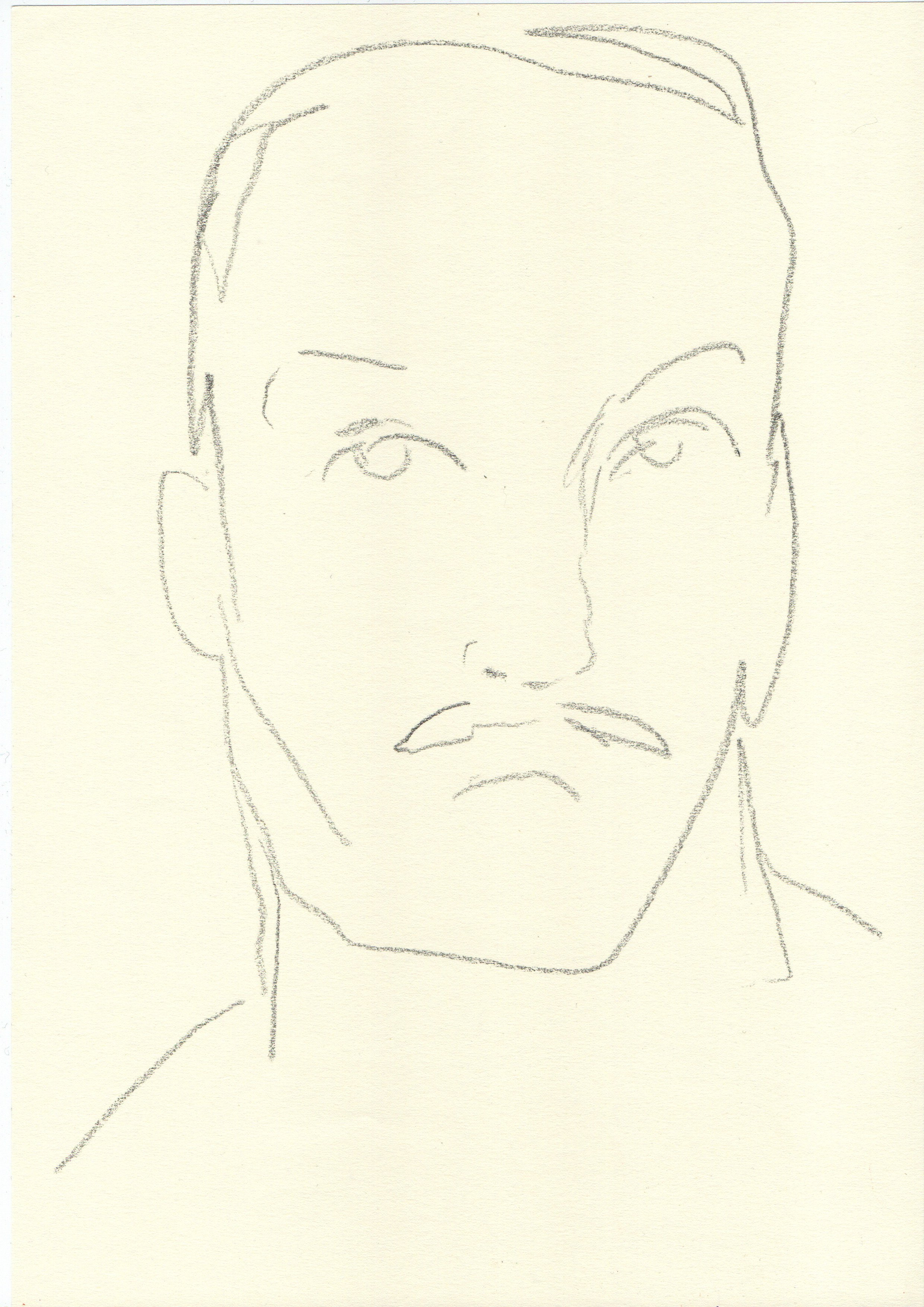 A simple pencil sketch of a person's face with one eye winking and the other open, a mustache, and short hair. Artwork by © 2026 Aura Delamotte Barrera, All rights reserved.