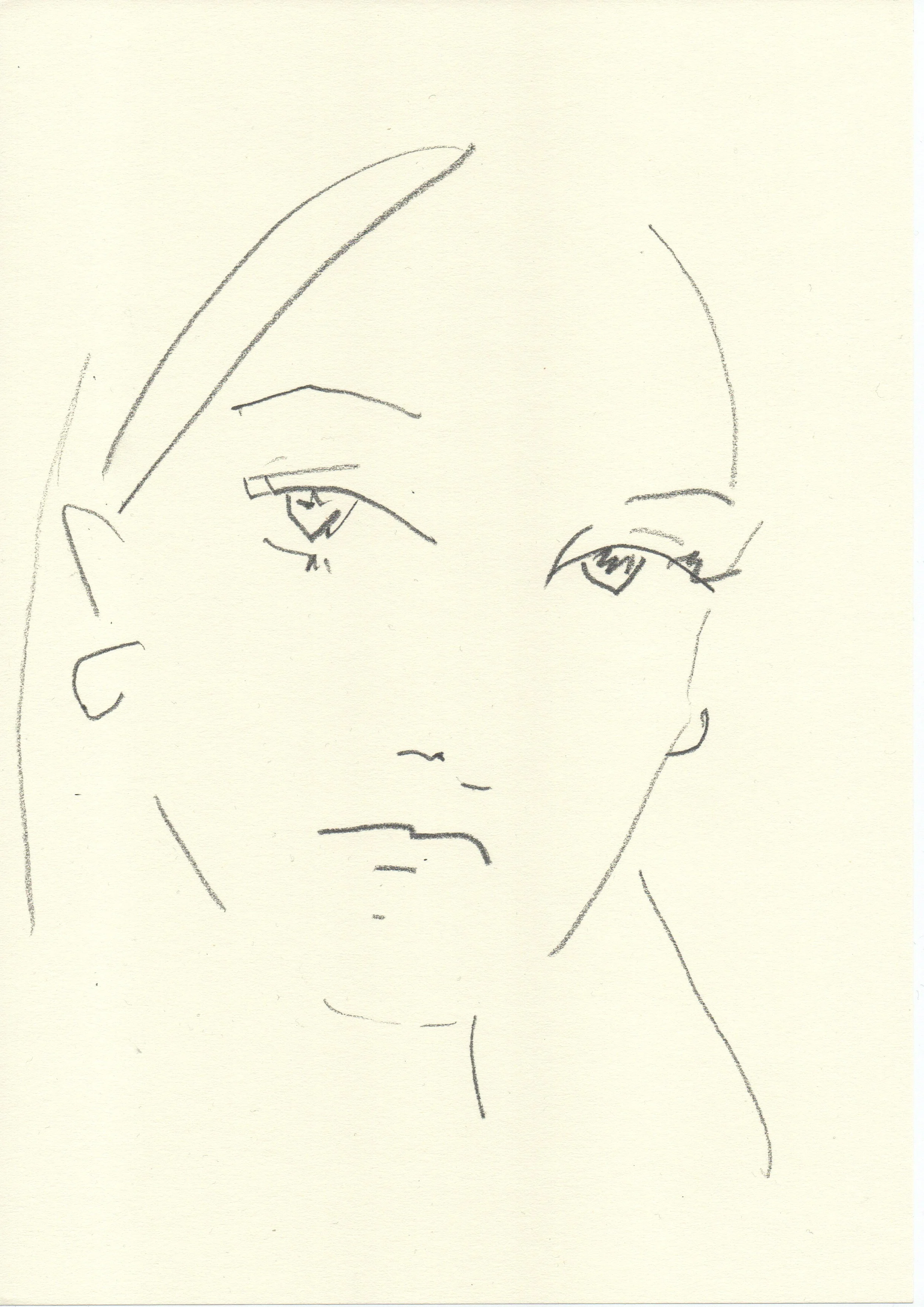 Minimalist line drawing of a person's face with almond-shaped eyes, thin eyebrows, straight nose, and closed lips, with a few lines indicating hair and facial features. Artwork by © 2026 Aura Delamotte Barrera, All rights reserved.