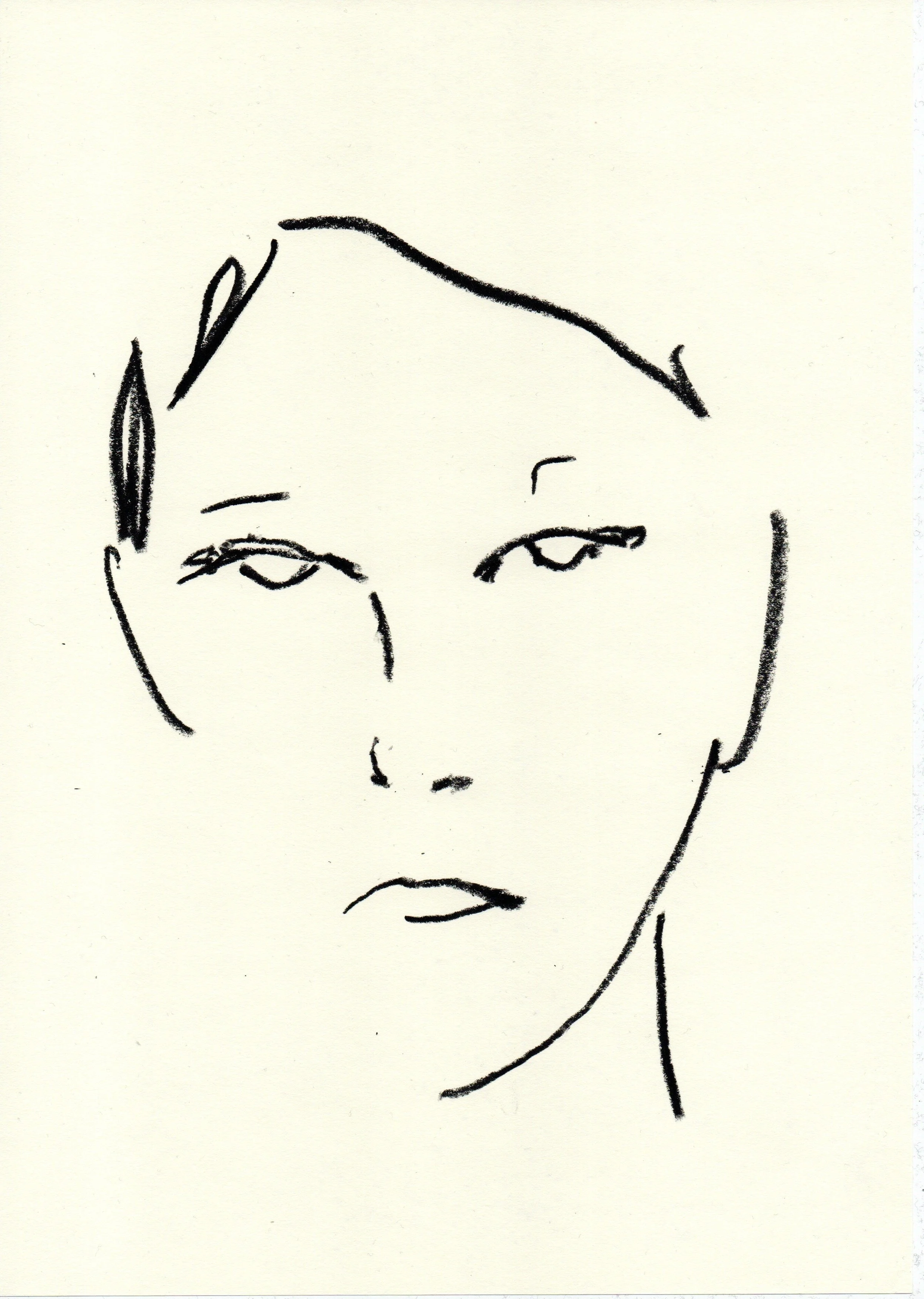 Minimalist black line drawing of a person's face with a serious expression. Artwork by © 2026 Aura Delamotte Barrera, All rights reserved.