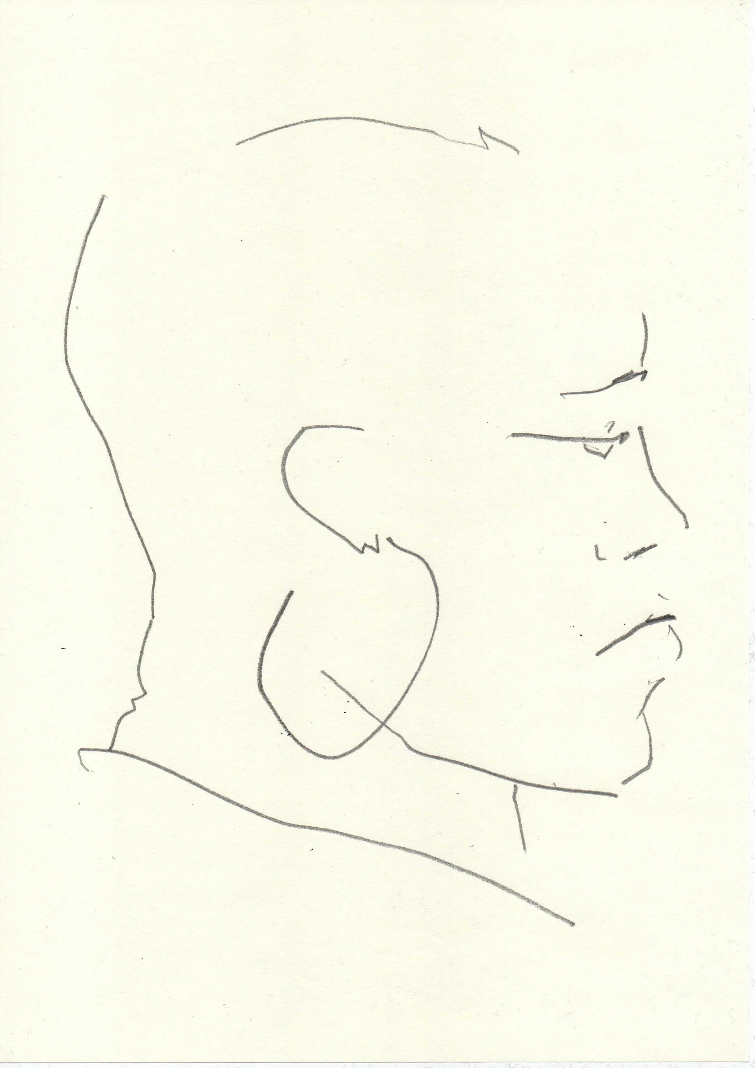 Line drawing of a person's side profile with glasses, facing right. Artwork by © 2026 Aura Delamotte Barrera, All rights reserved.