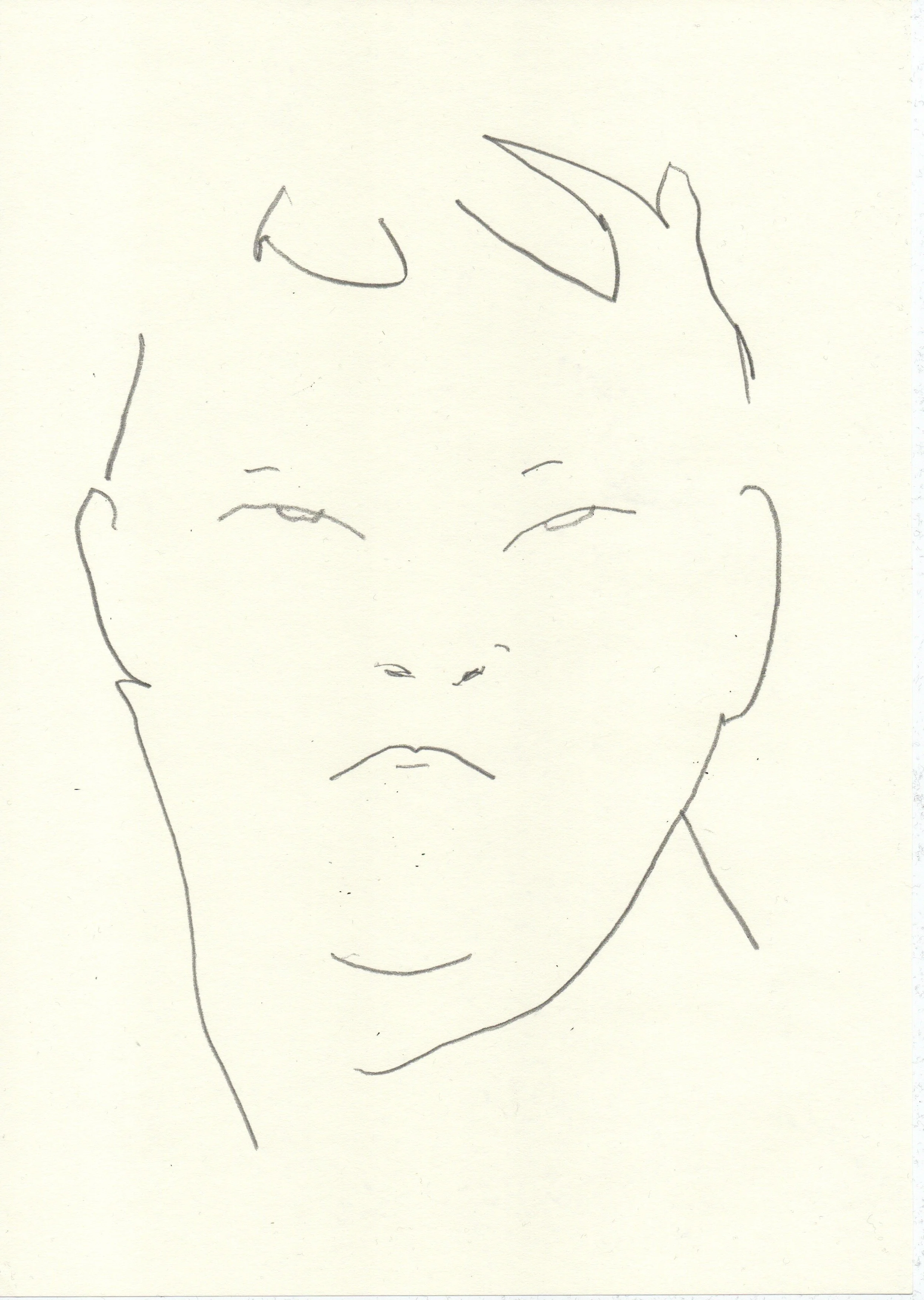 Minimalist line drawing of a young child's face with closed eyes and a neutral expression. Artwork by © 2026 Aura Delamotte Barrera, All rights reserved.