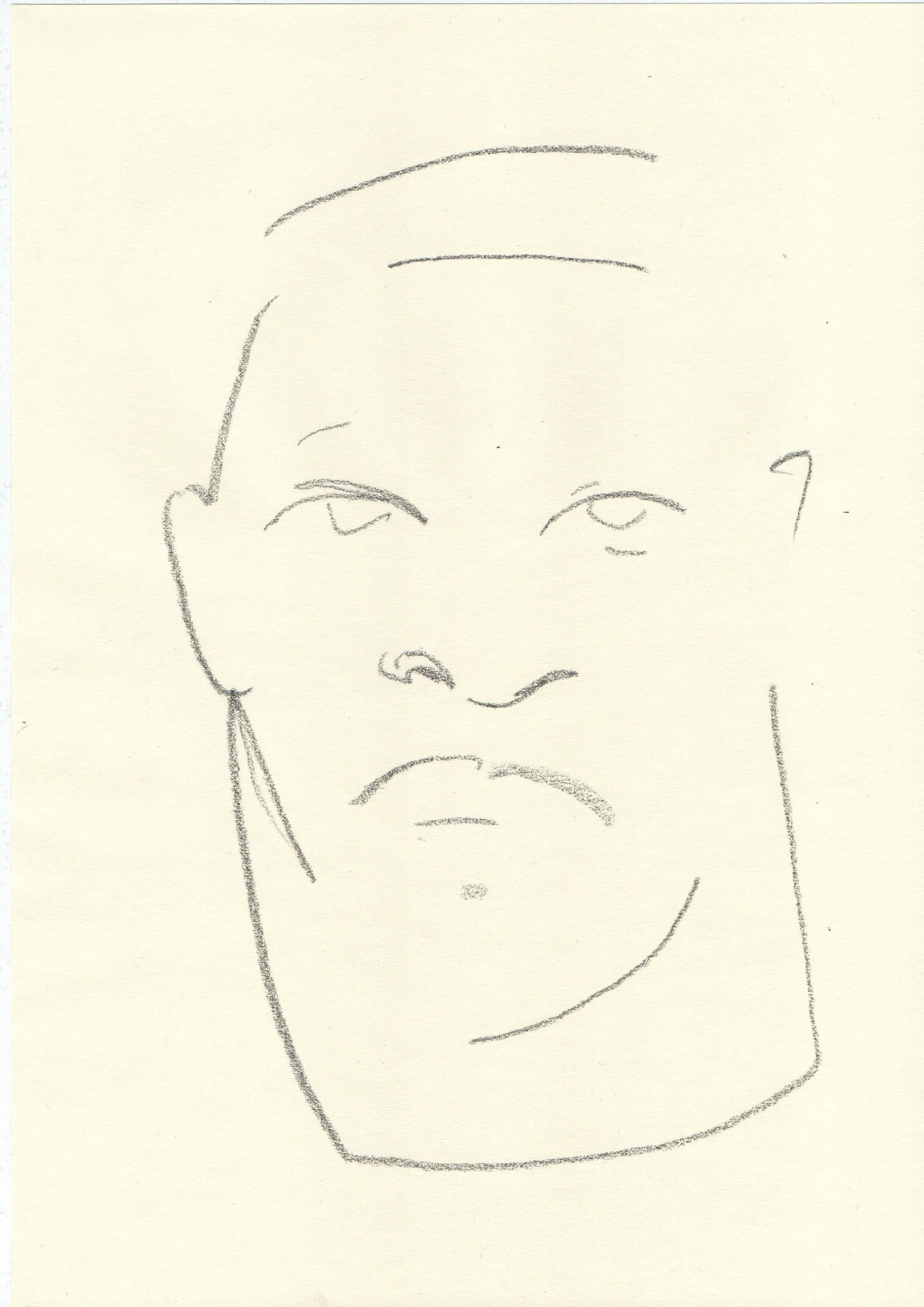 A simple pencil sketch of a person's face with a neutral or slightly displeased expression, minimal details. Artwork by © 2026 Aura Delamotte Barrera, All rights reserved.