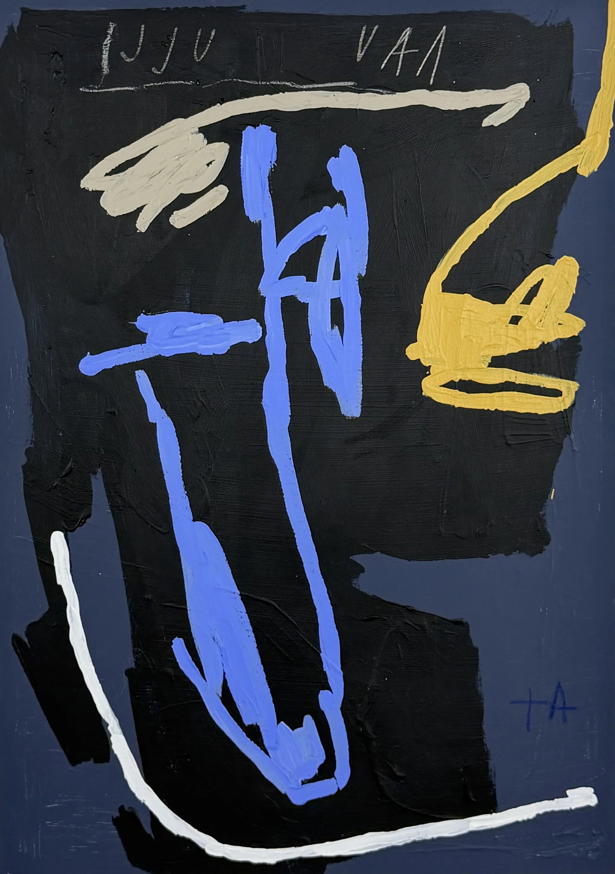 Abstract modern painting with bold brushstrokes in black, white, blue, and yellow on a dark background. The composition includes freeform shapes and lines, with some overlaid text or symbols by Aura Delamotte