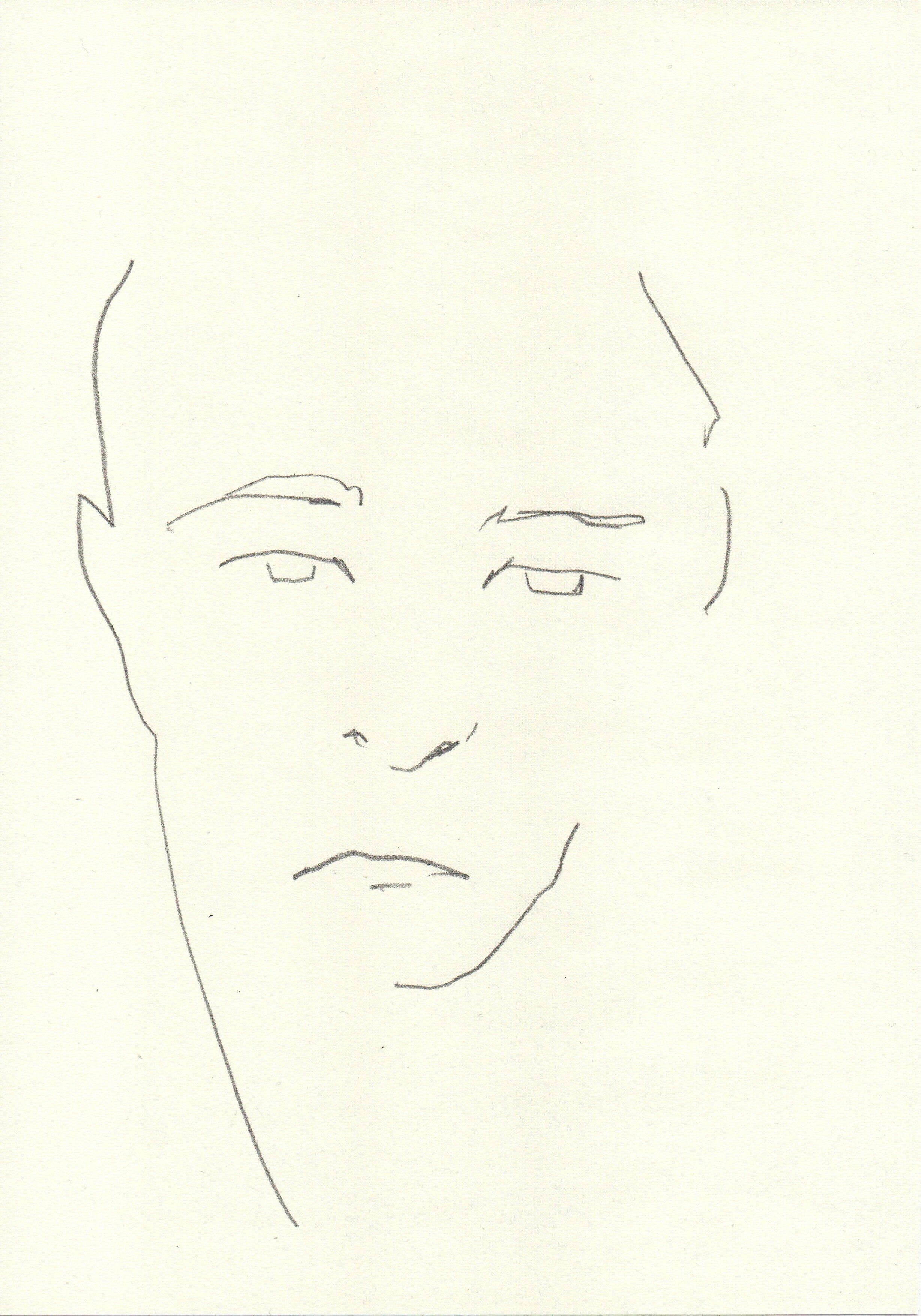 Minimalist line drawing of a person's face with short hair and a somber expression. Artwork by © 2026 Aura Delamotte Barrera, All rights reserved.