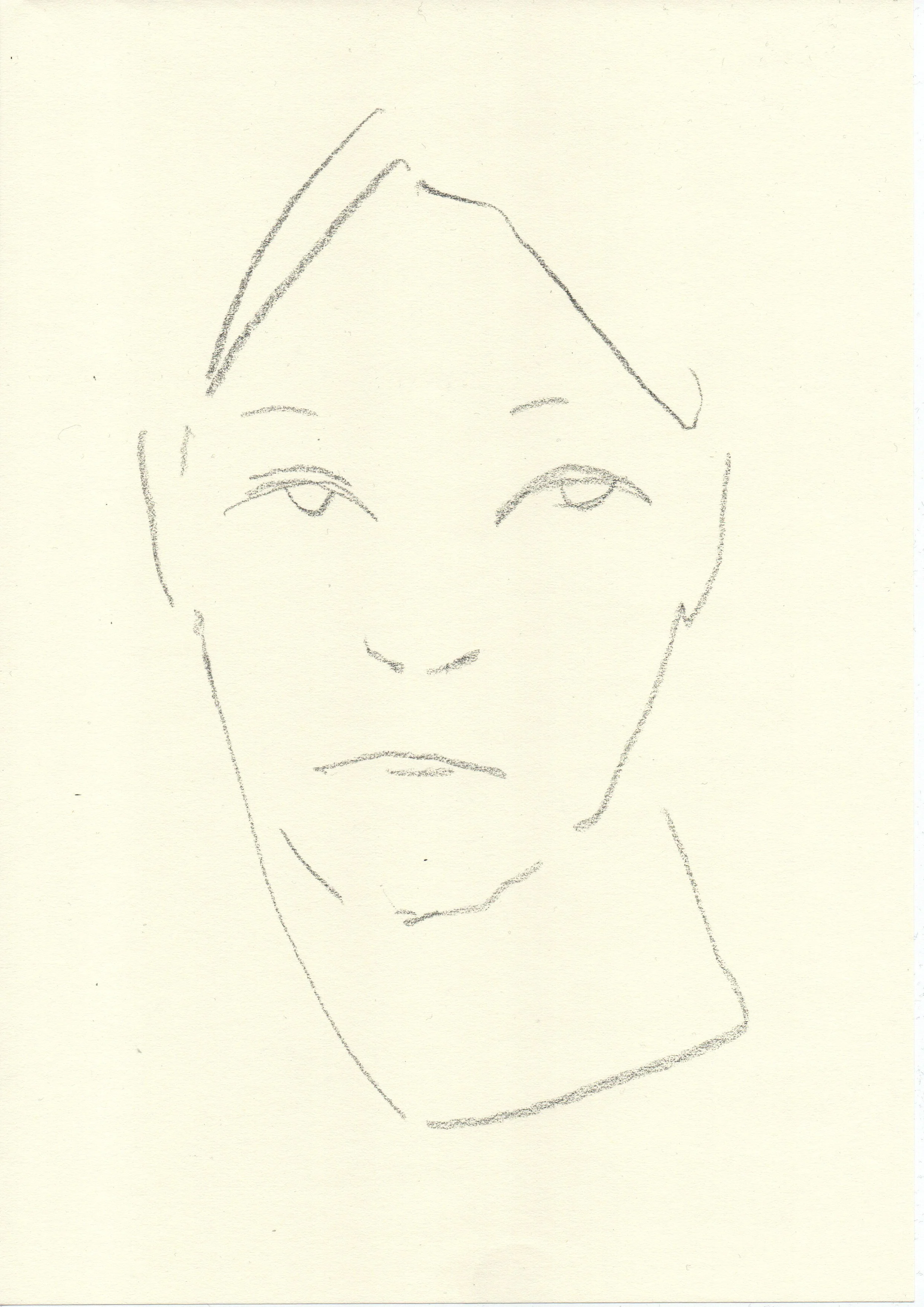 Simple pencil sketch of a woman's face with short hair and neutral expression. Artwork by © 2026 Aura Delamotte Barrera, All rights reserved.