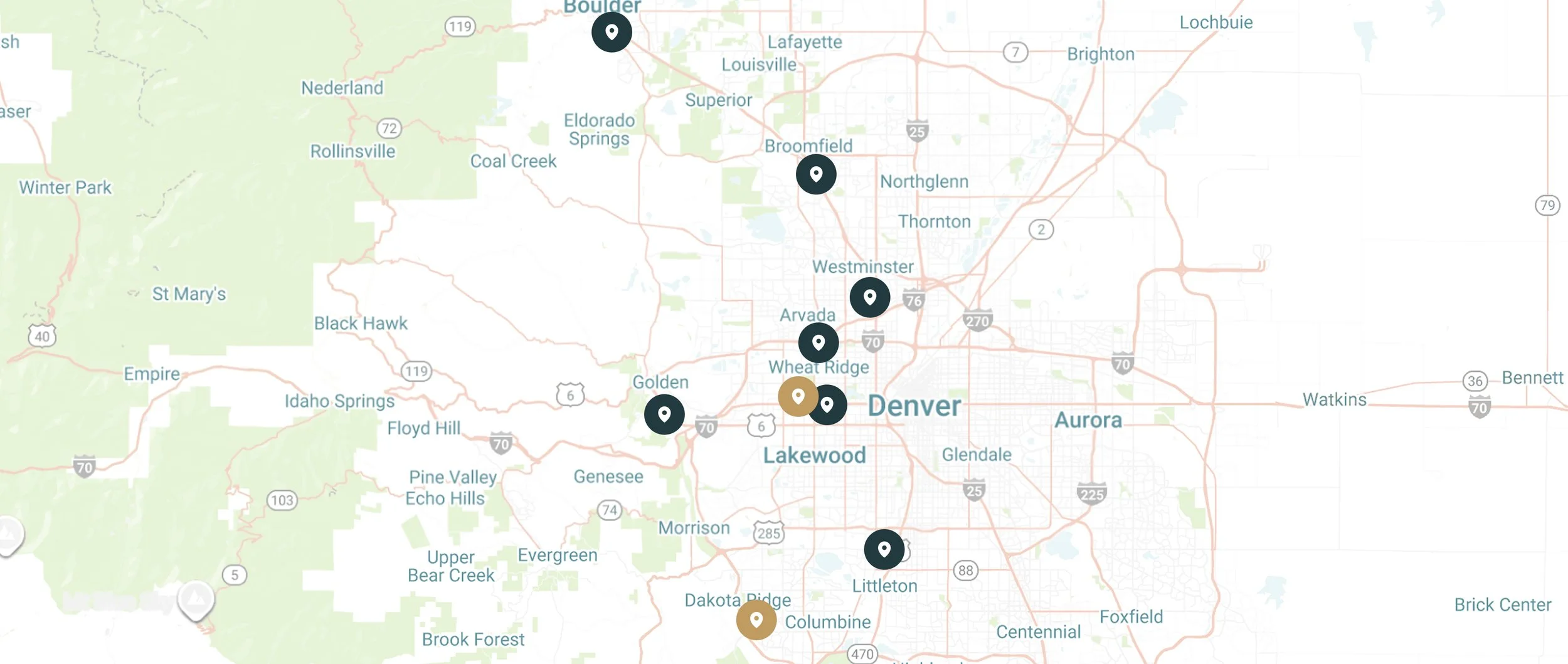Map of Denver, Colorado, showing various city neighborhoods and locations marked with black and gold map pins.