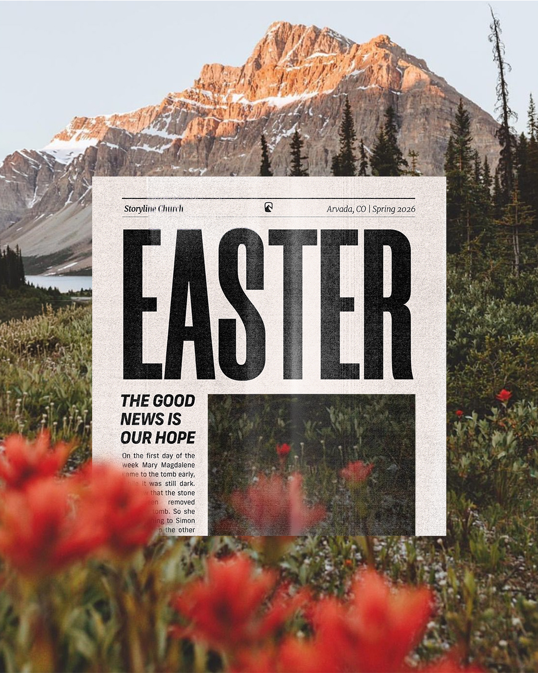 Newspaper with headline that says "Easter" with a flower meadow background.