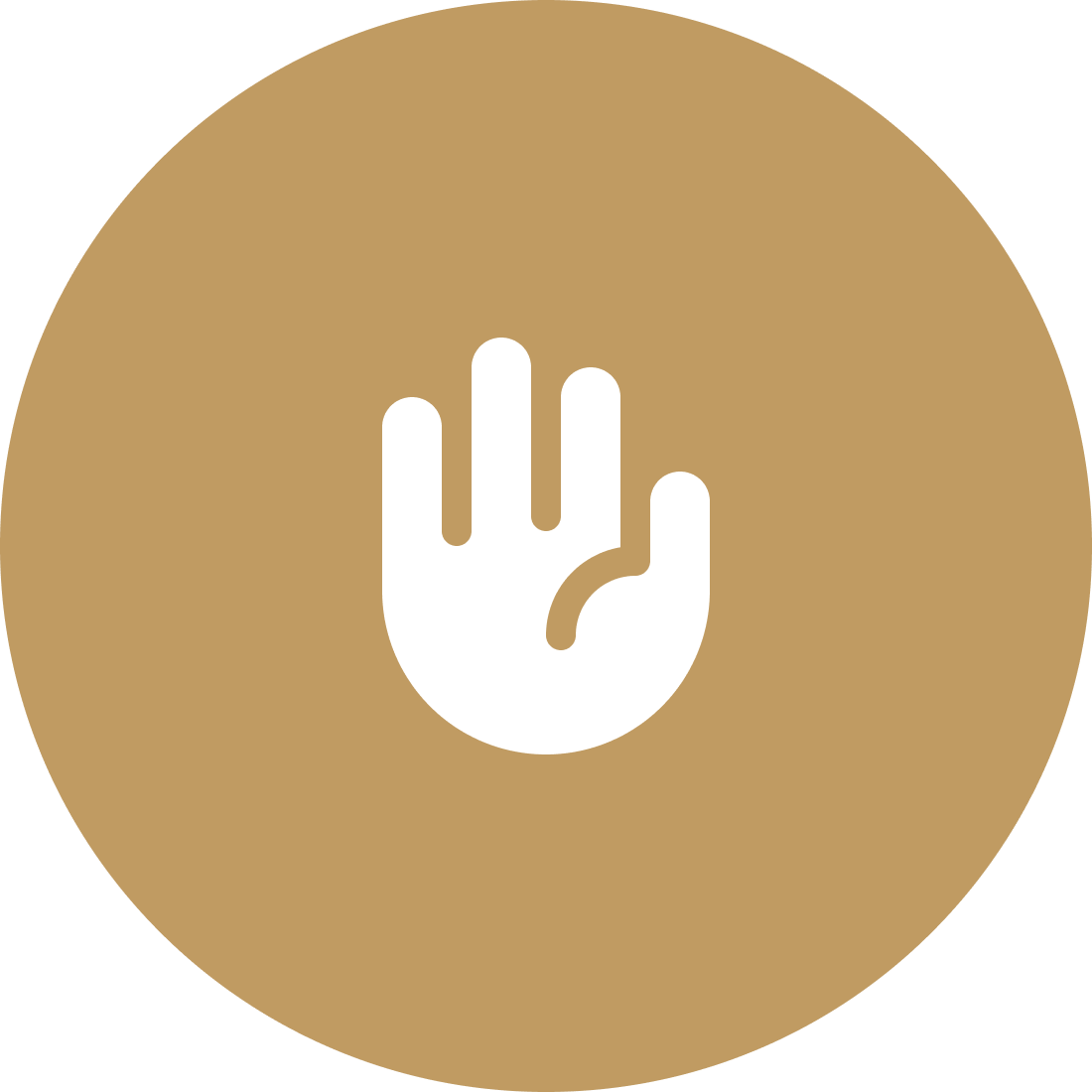 A white hand symbol with an extended palm inside a brown circular background, indicating stop or caution.