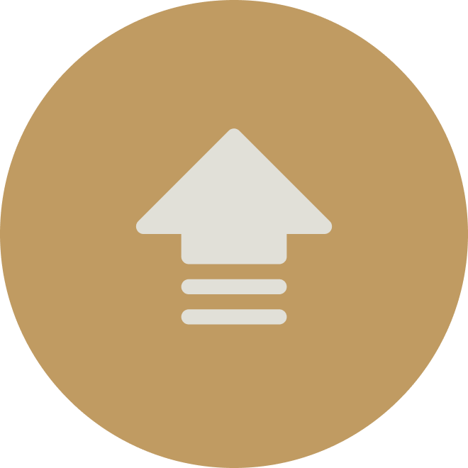 White upload arrow icon on a tan circular background.