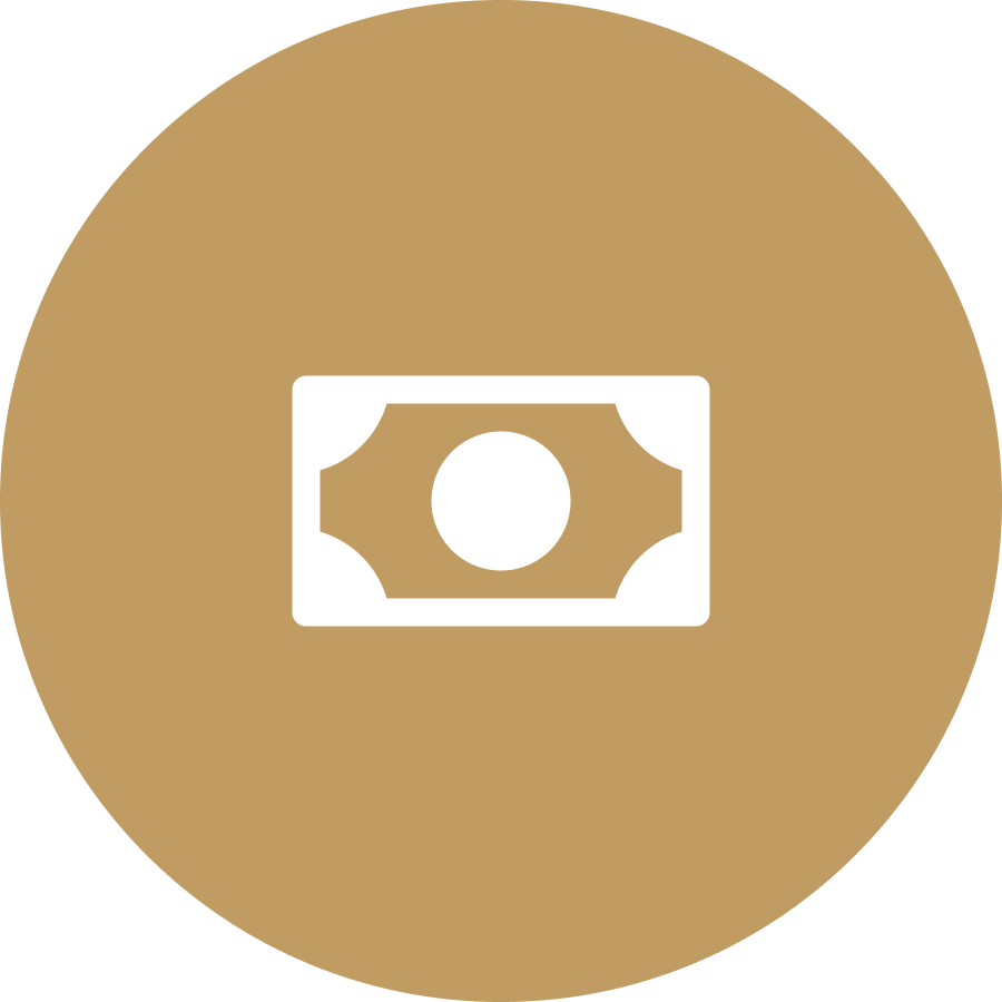 Icon of a dollar bill inside a tan circular background.