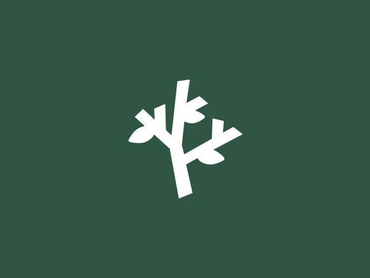 Simplified white tree icon on a dark green background