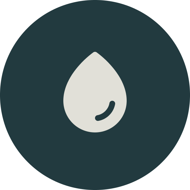 Icon of a water droplet with a small curved line inside, on a dark circular background.