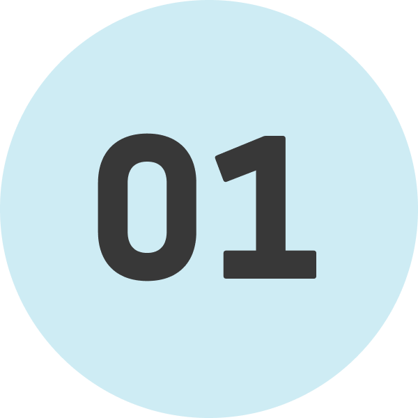 A light blue circular background with the number "01" in large, dark gray font centered in the middle.