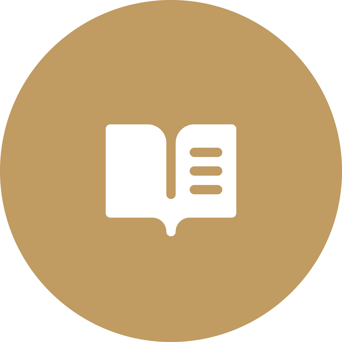 Icon of an open book on a brown circular background.