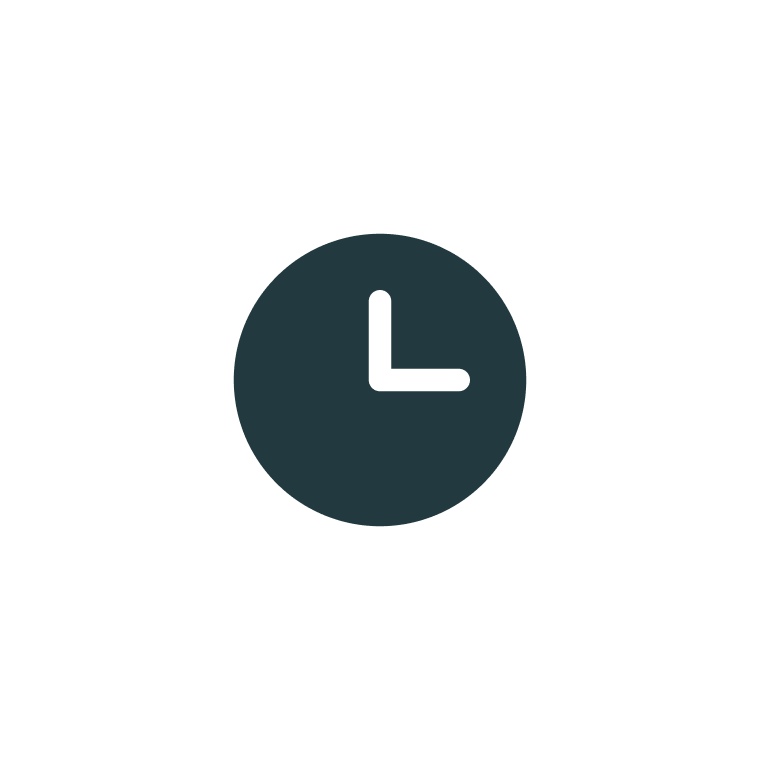 Clock icon with a white clock face and black hands inside a black circle, on a white background.